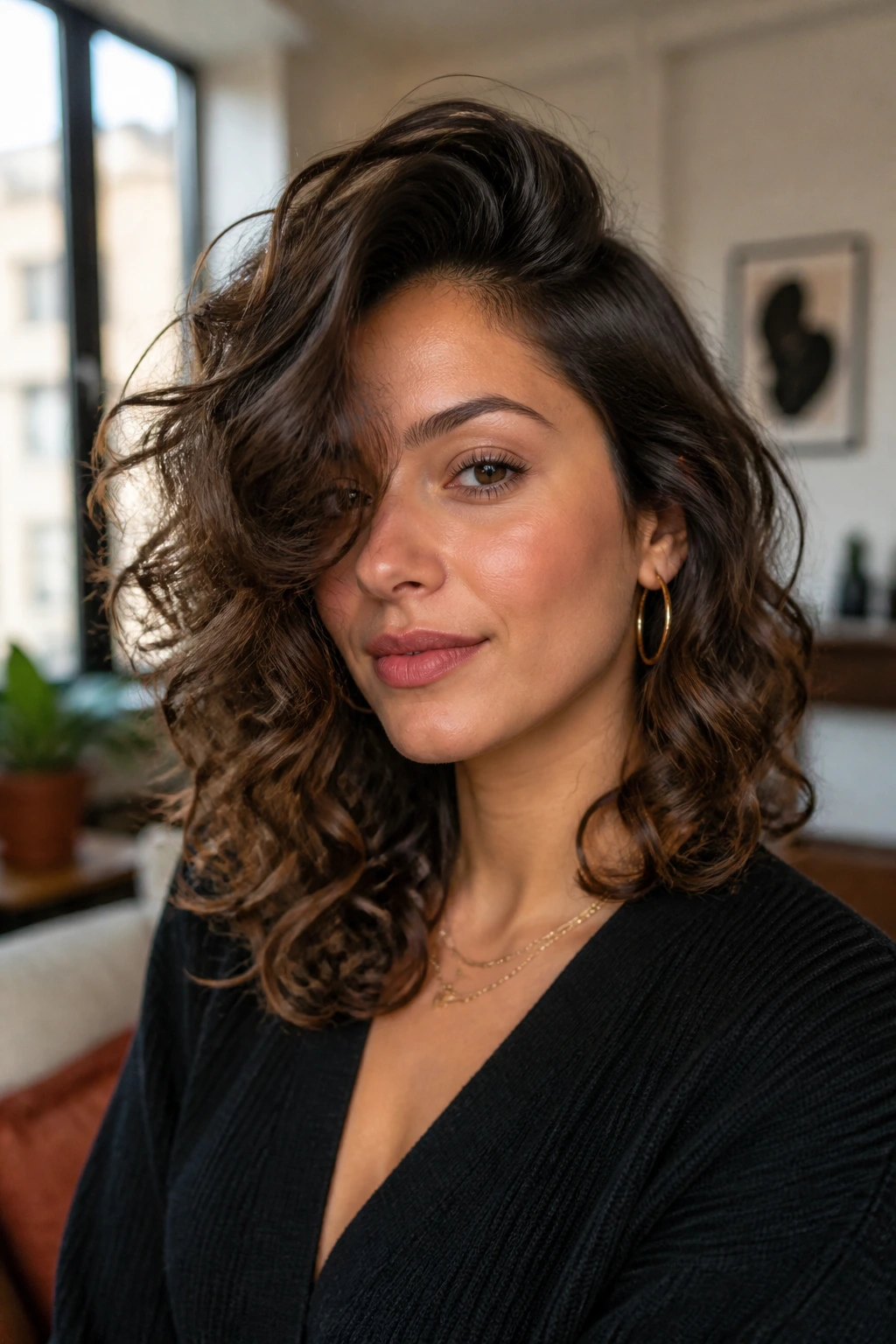 Portrait of a woman with a deep side-parted swept hairstyle