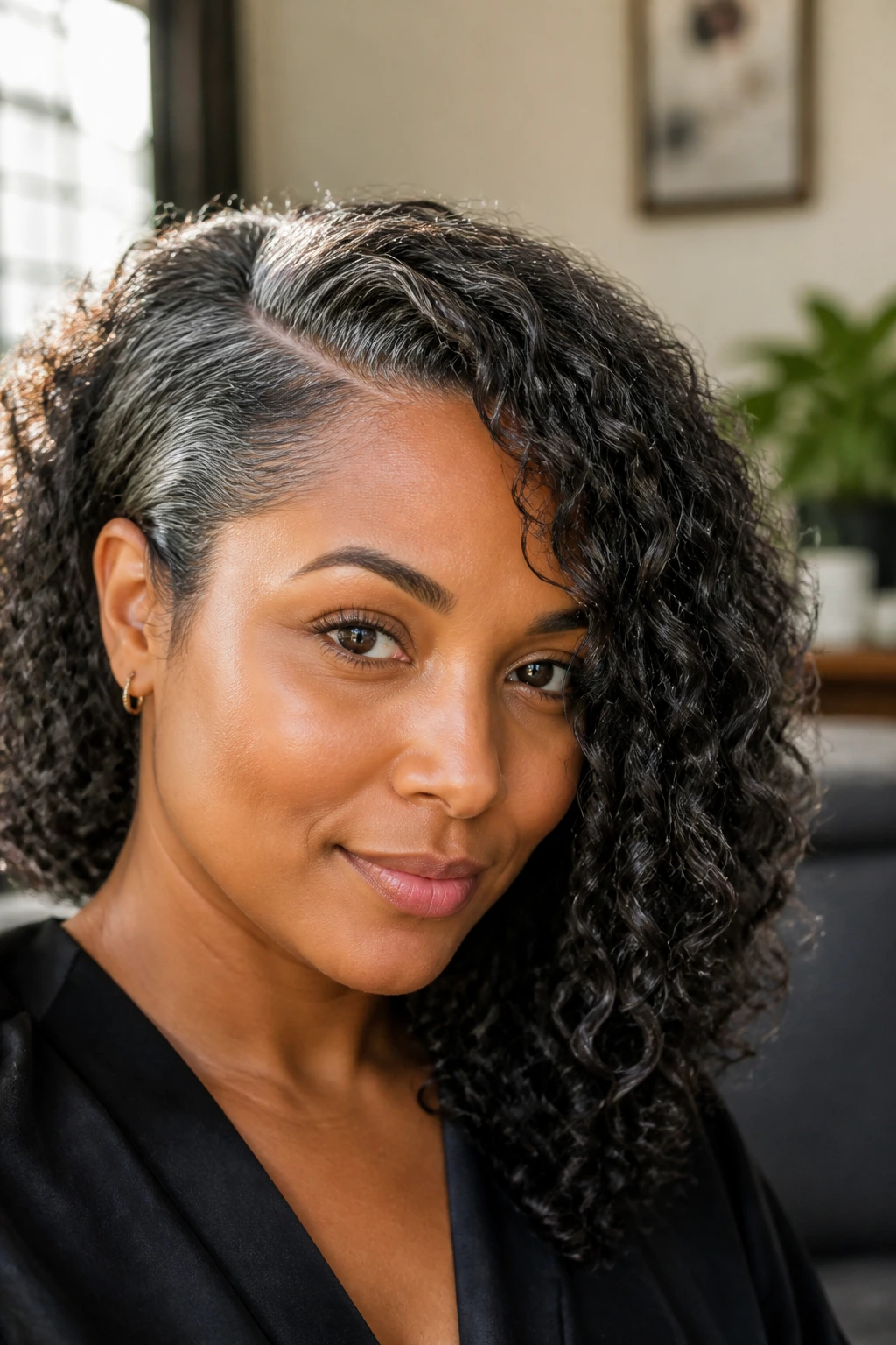 Real woman with deep side-part and loose curls