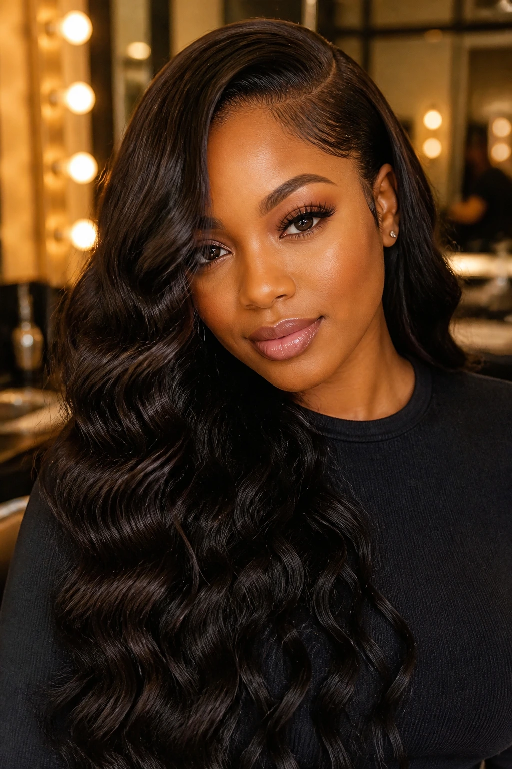 Portrait of a real woman with a deep side part and long wave on the opposite side to elongate the face