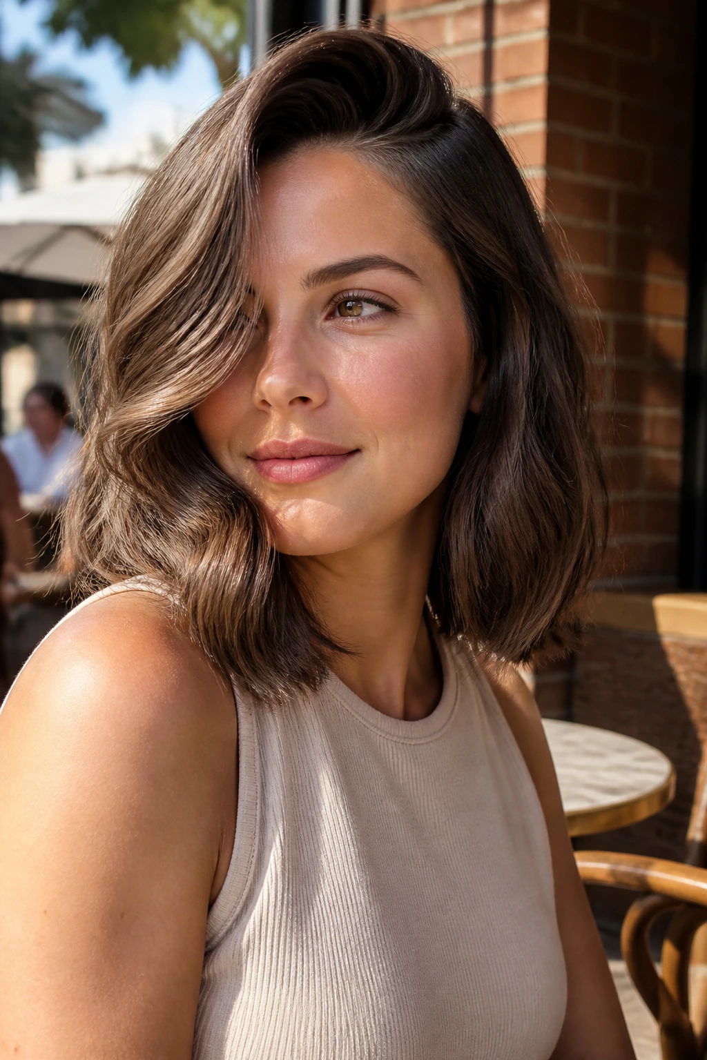 Portrait of a woman with a deep side part and a wave sweeping across one cheek.