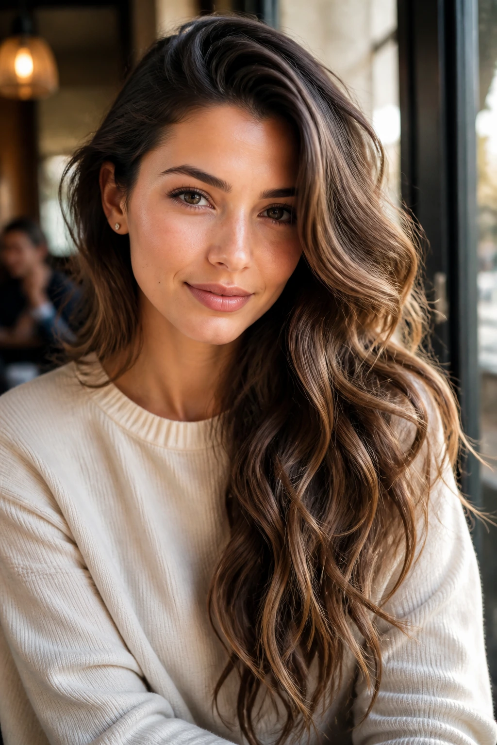 Real woman with a deep side part and sweeping volume in waves over her shoulder.