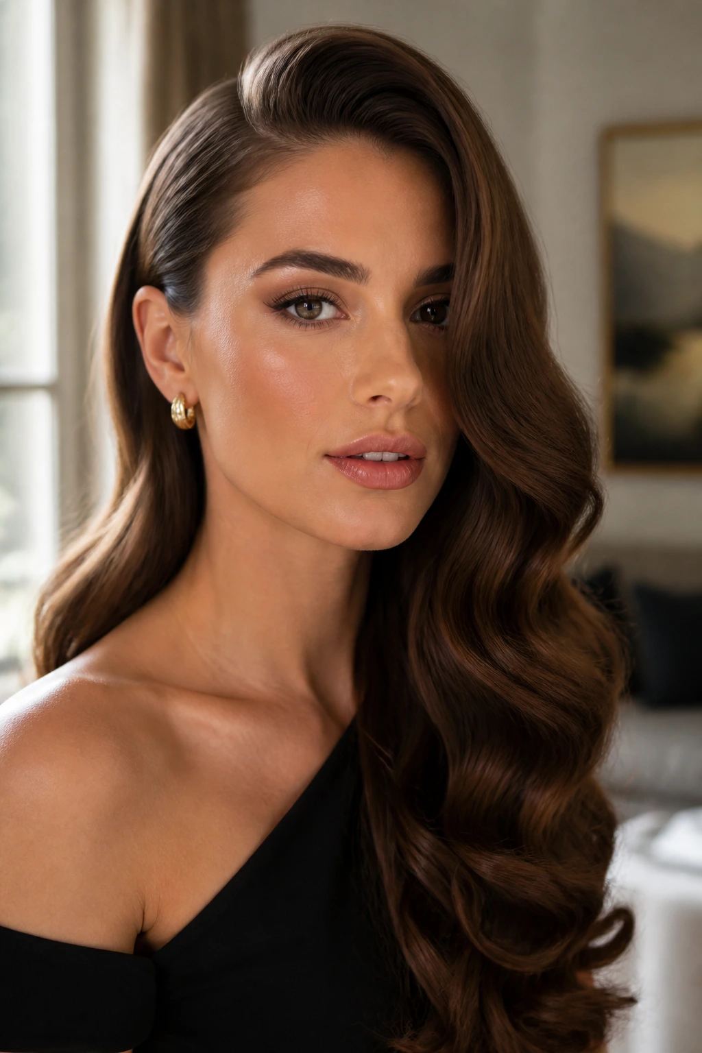 Portrait of a woman with deep side-part Hollywood waves.
