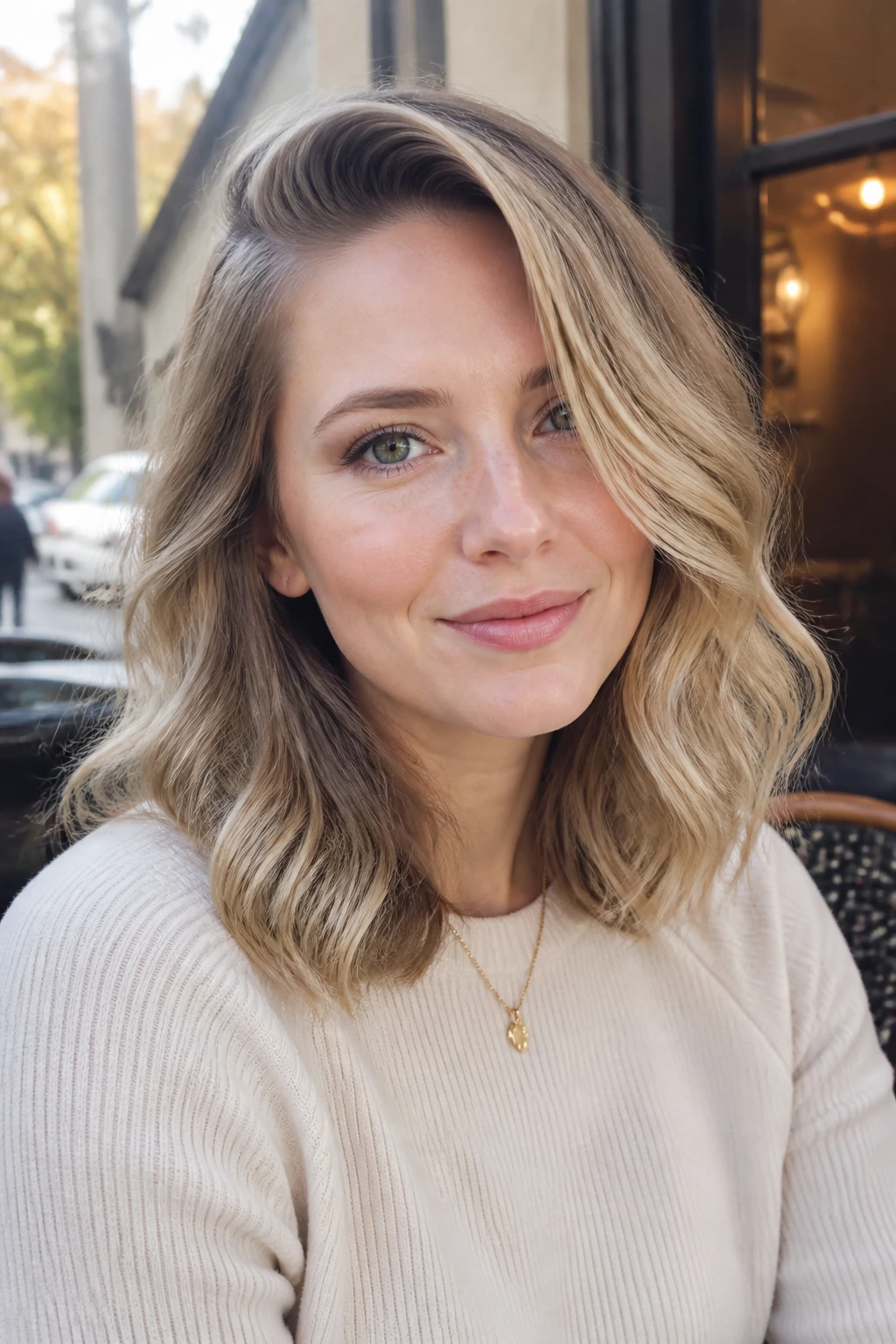 Woman with deep side part and soft waves filling the frame