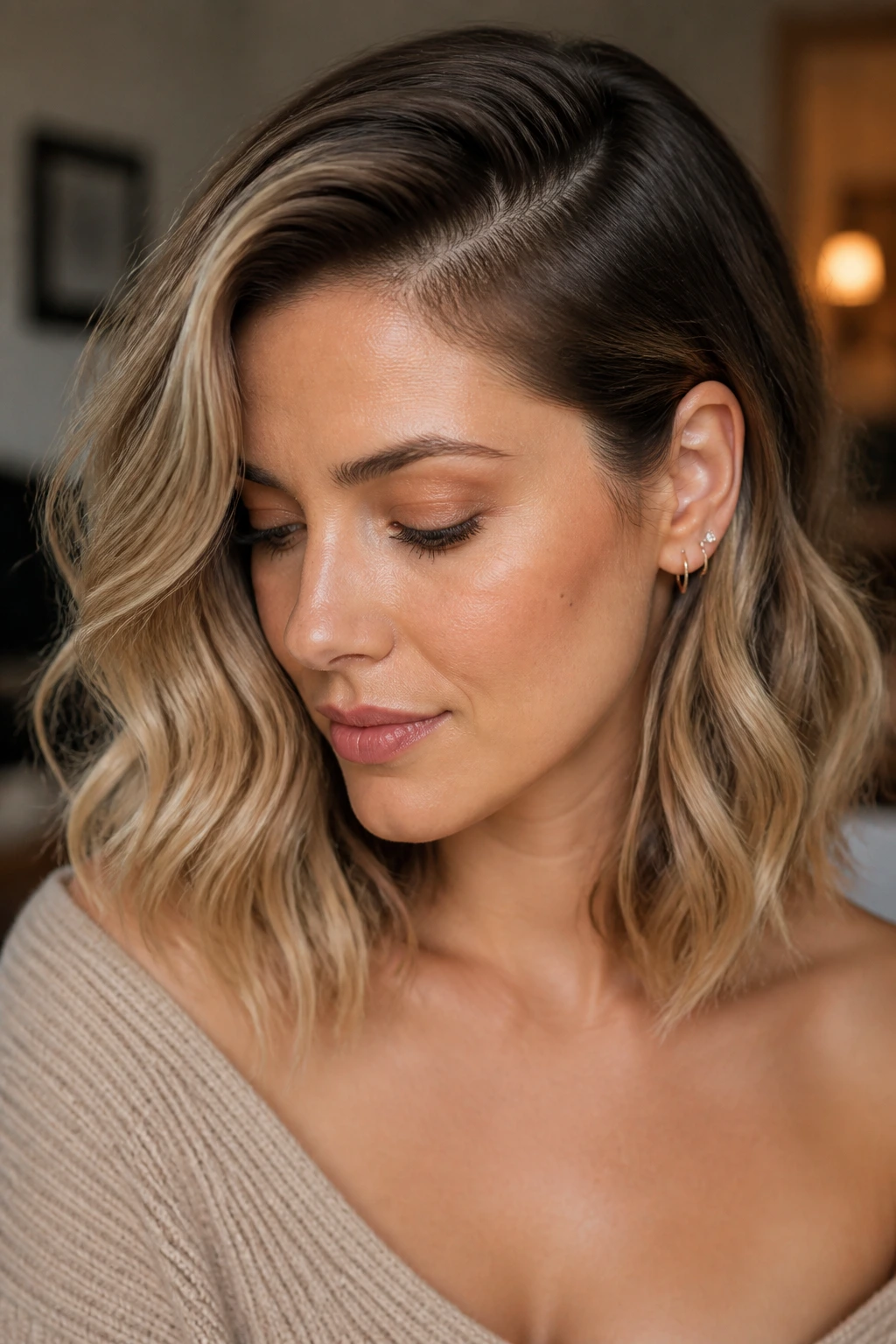 Woman with deep side-part waves, part offset, tucked behind the ear, soft lighting