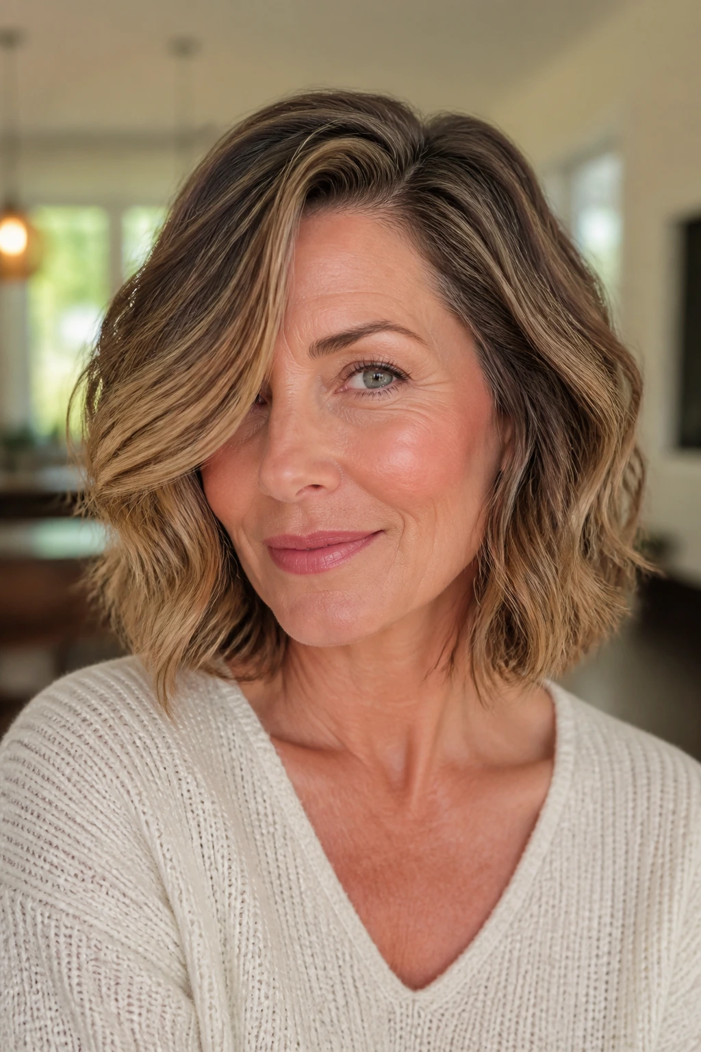 Close-up of a real woman with a deep side-part wave bob