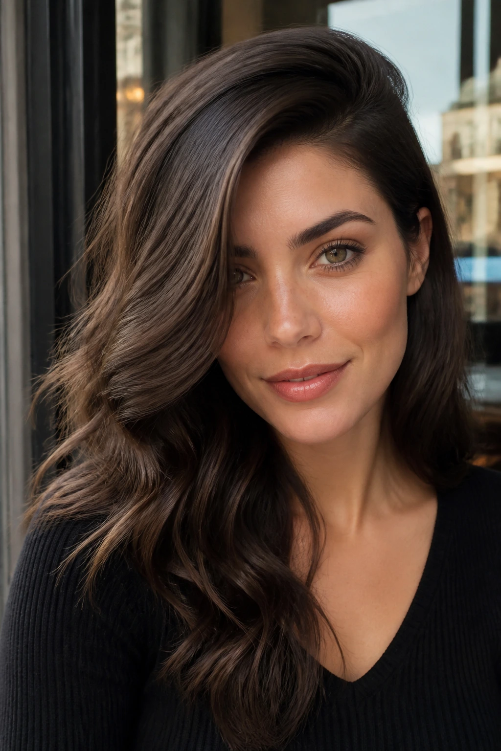 Portrait of a woman with deep side-part waves.