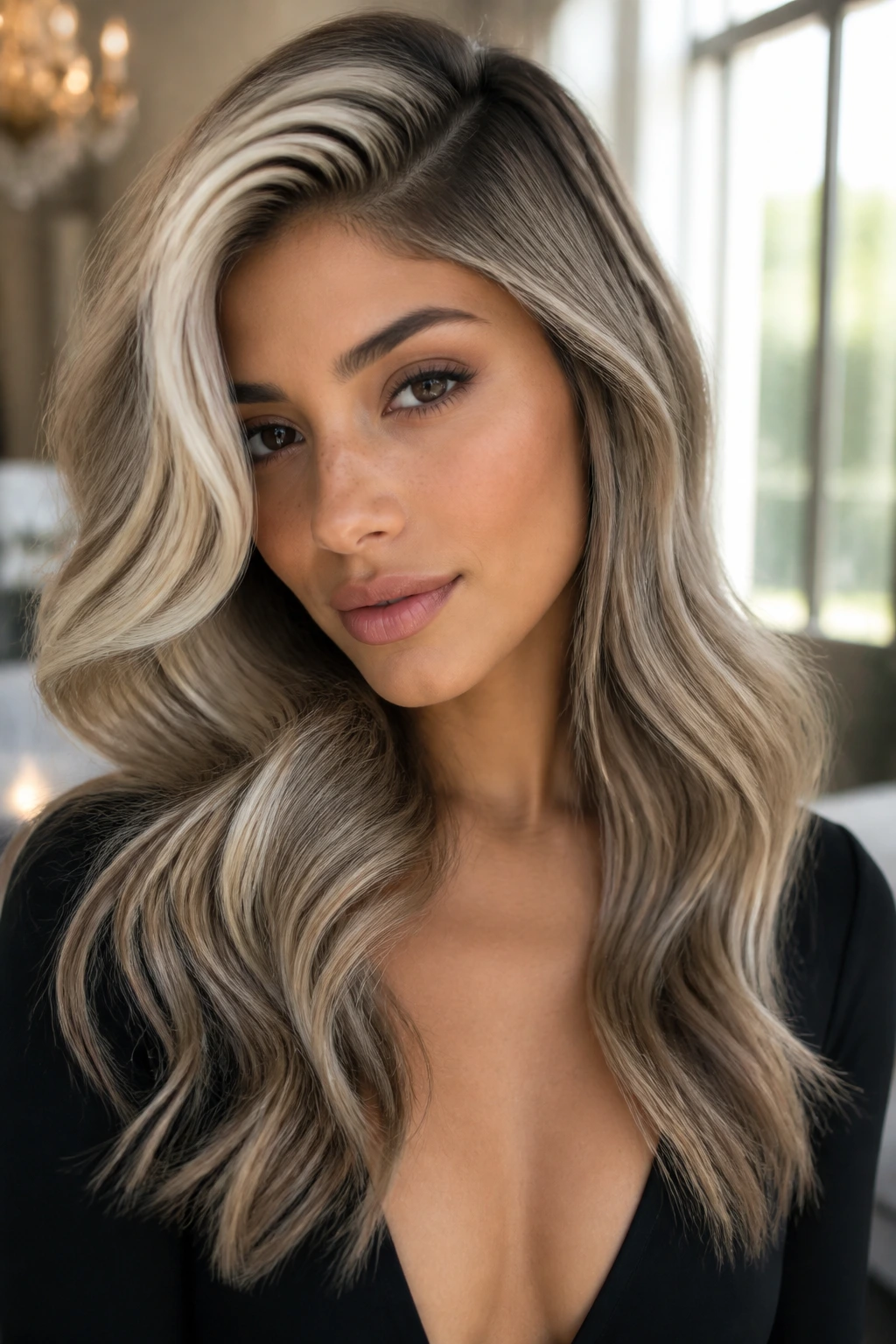 Real woman with deep side-part glam waves in smoky ash blonde