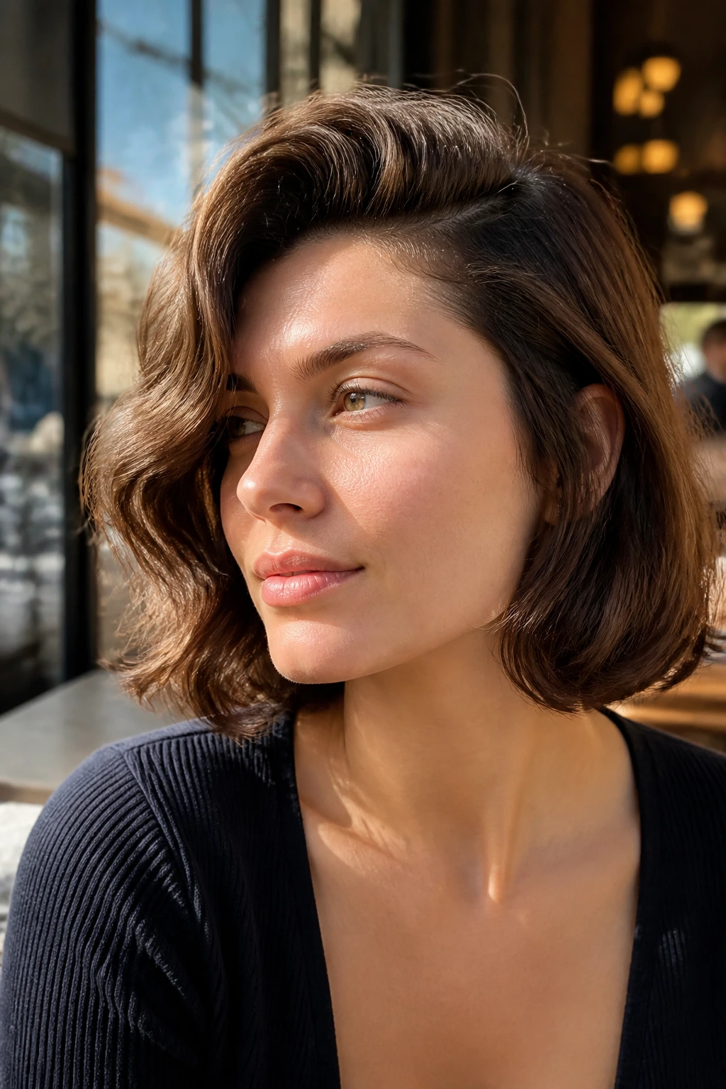 Portrait of a real woman with a deep side-part wave bob illuminated by natural cafe light