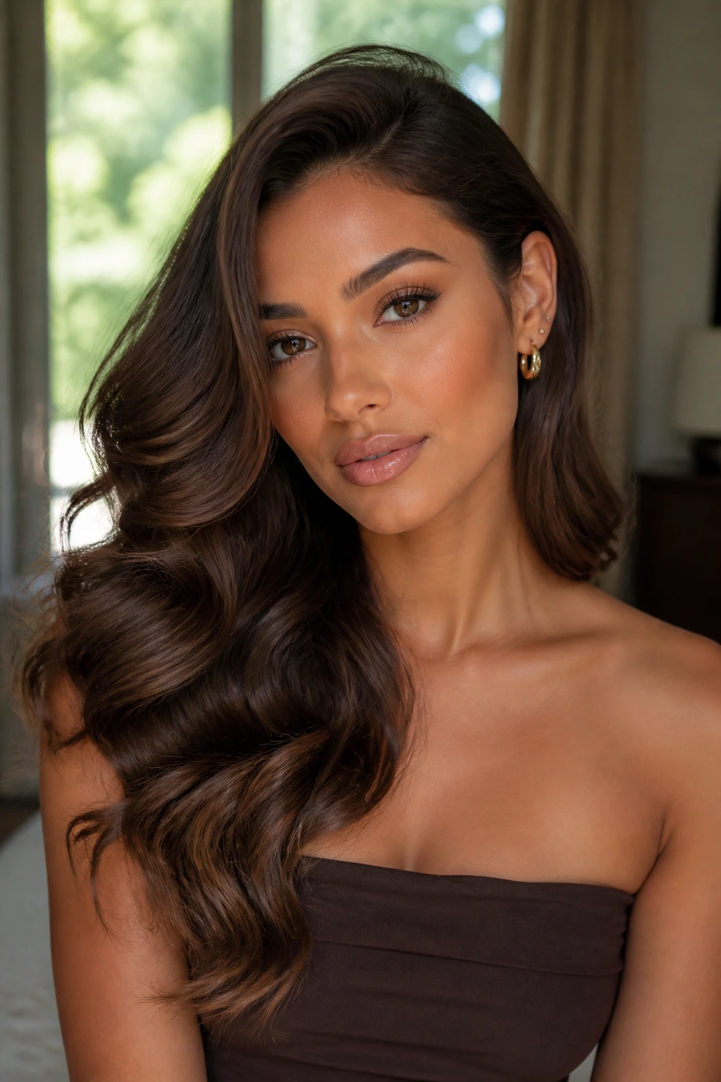 Portrait of a real woman with deep side-part soft glam waves on tan skin.