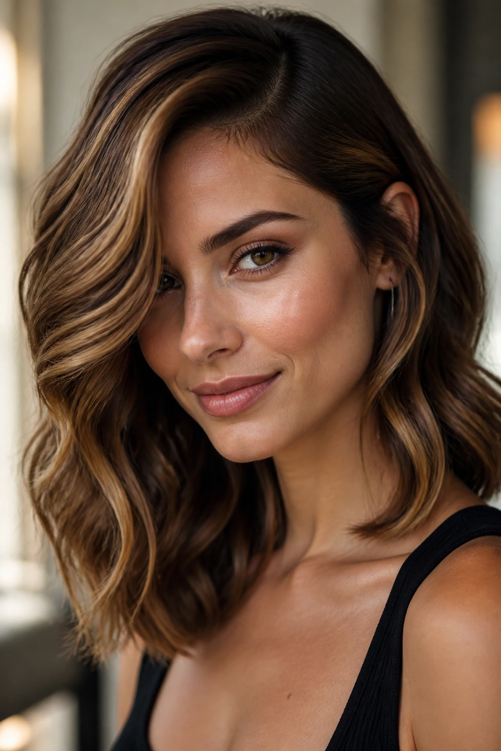 Portrait of a woman with a dramatic deep part and glossy waves