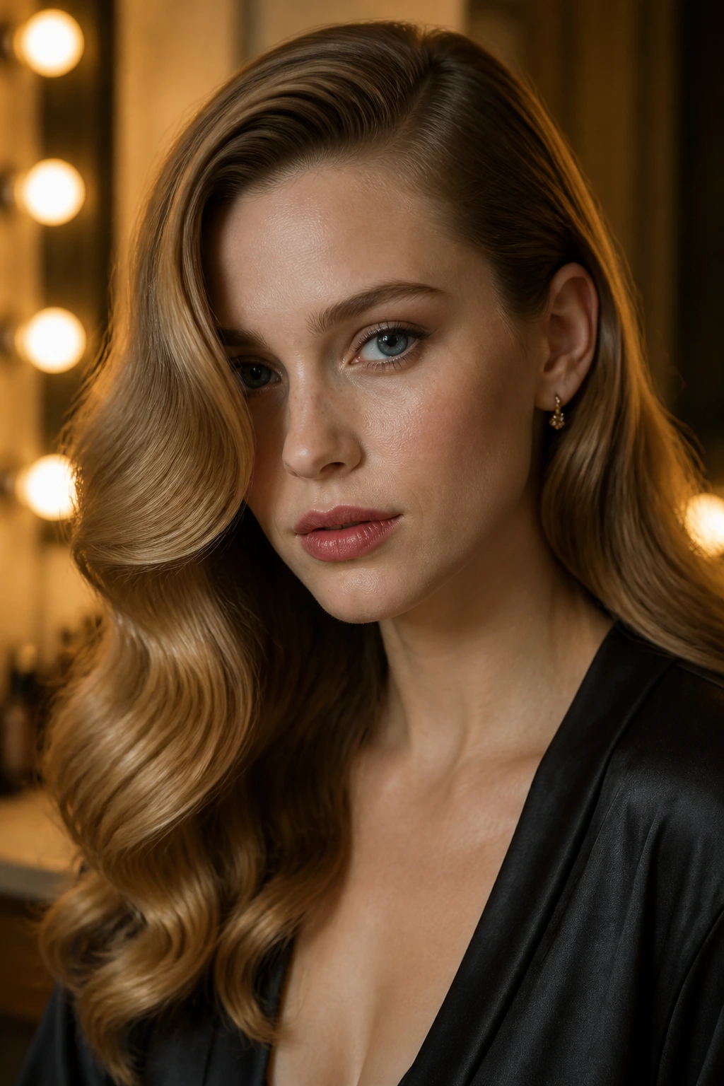 Close-up of a woman with deep side-part Hollywood waves in dark blonde