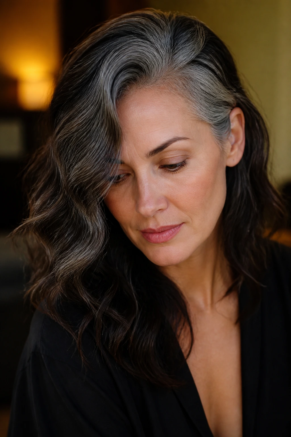 Close-up of deep side part with loose waves on a real person