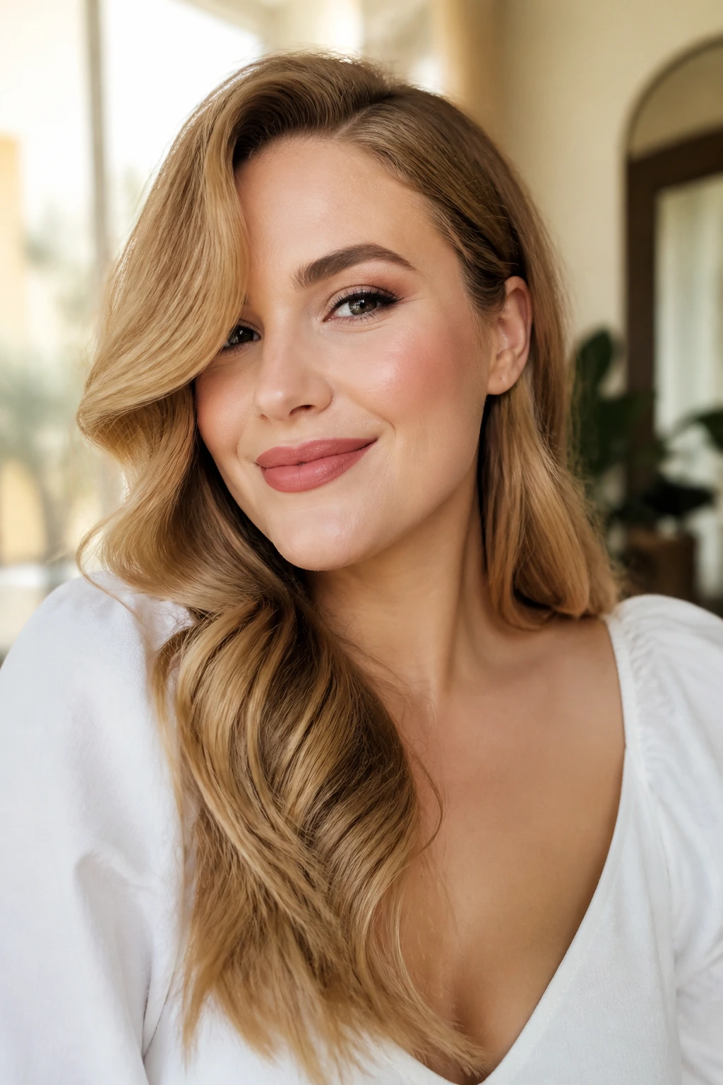 Woman with deep side part and loose Hollywood waves.