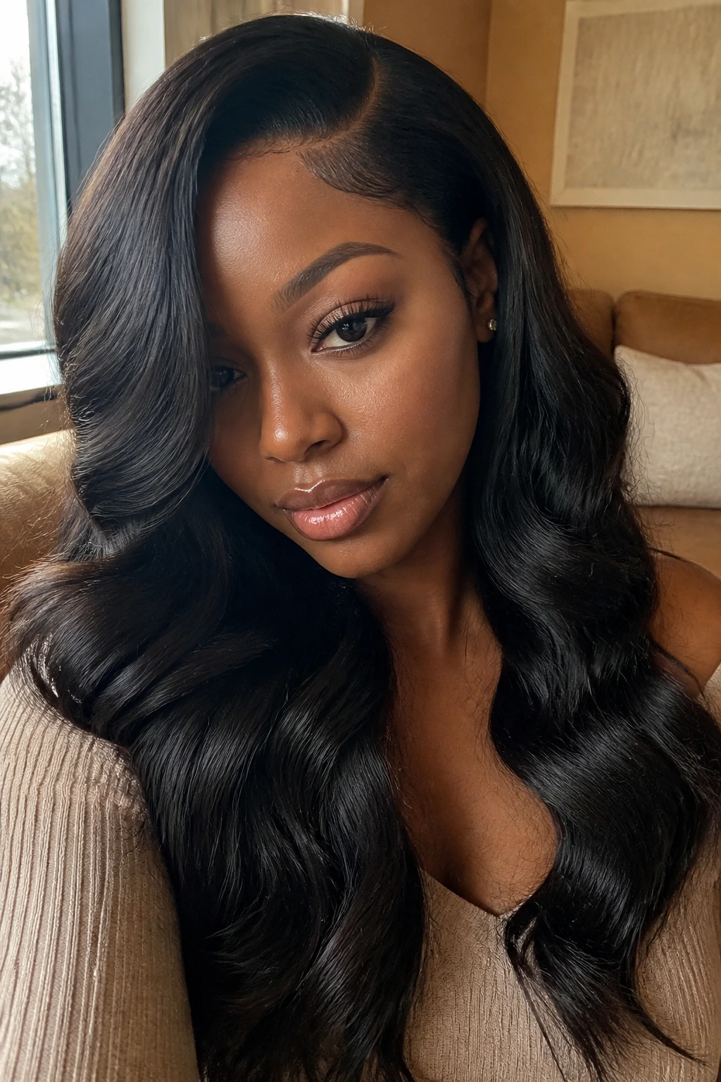 Portrait of a real woman with deep side-part glamour waves
