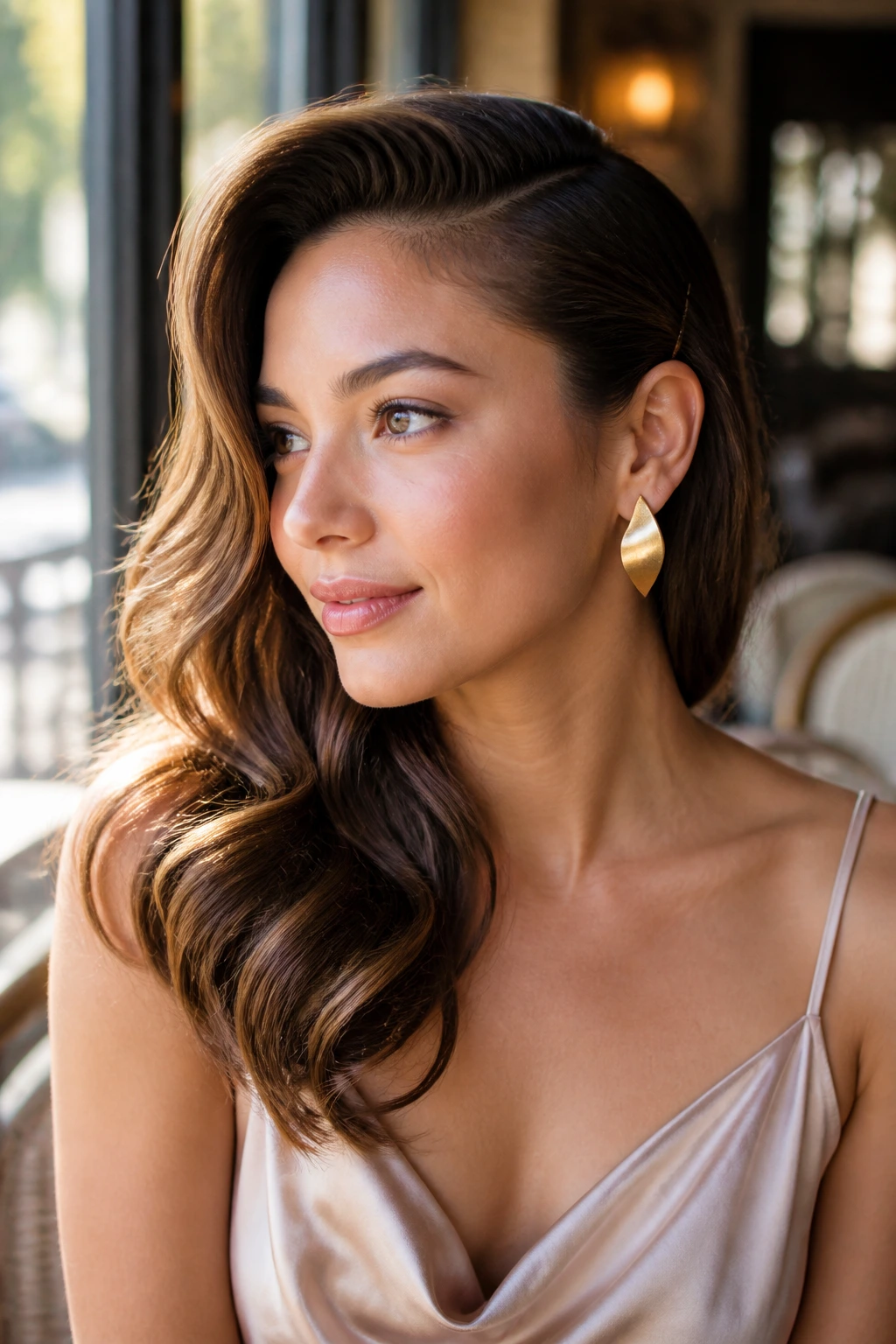 Real woman with deep side-part waves and face-framing layers