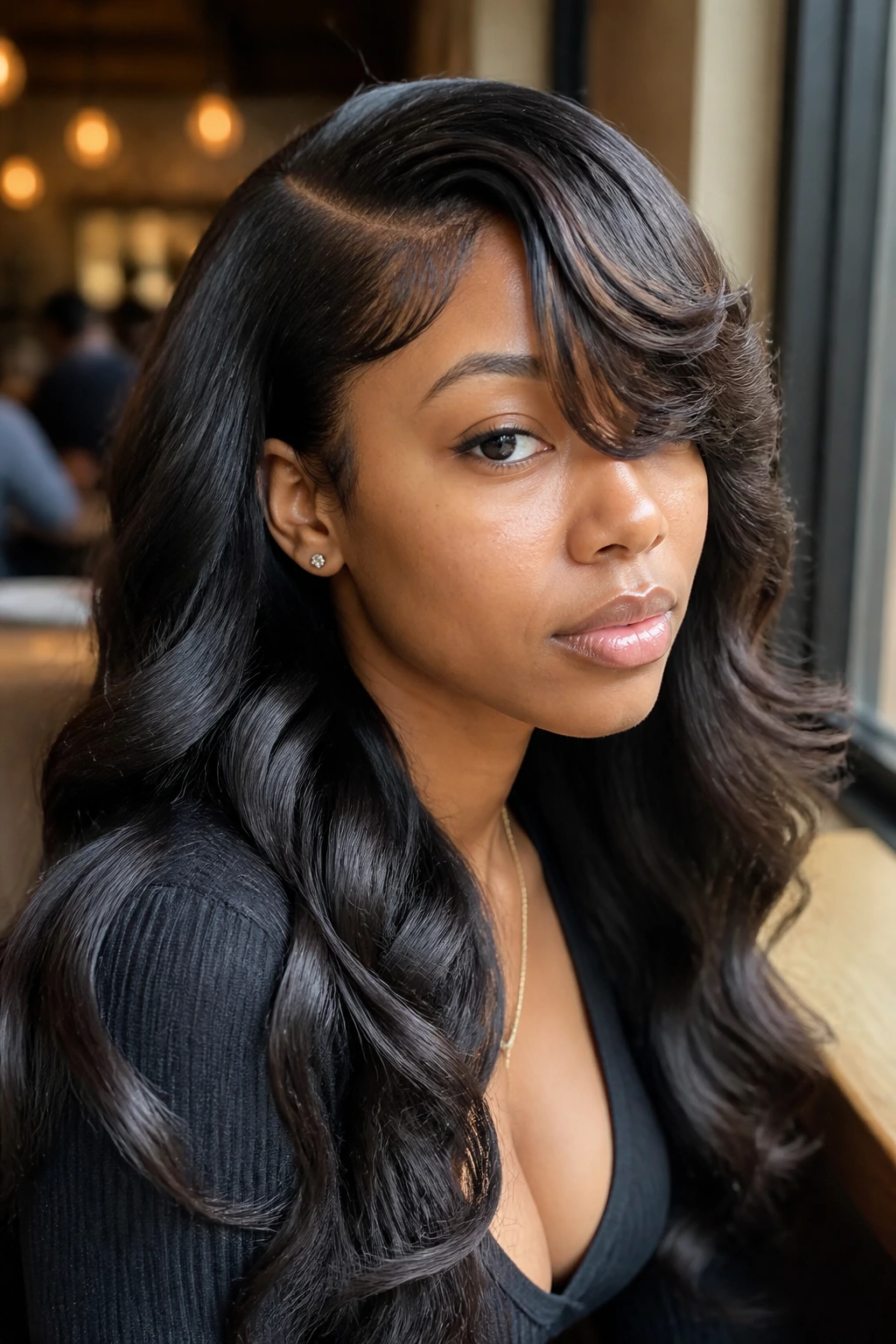 Close-up of real woman with deep side part waves and peekaboo fringe in cafe setting