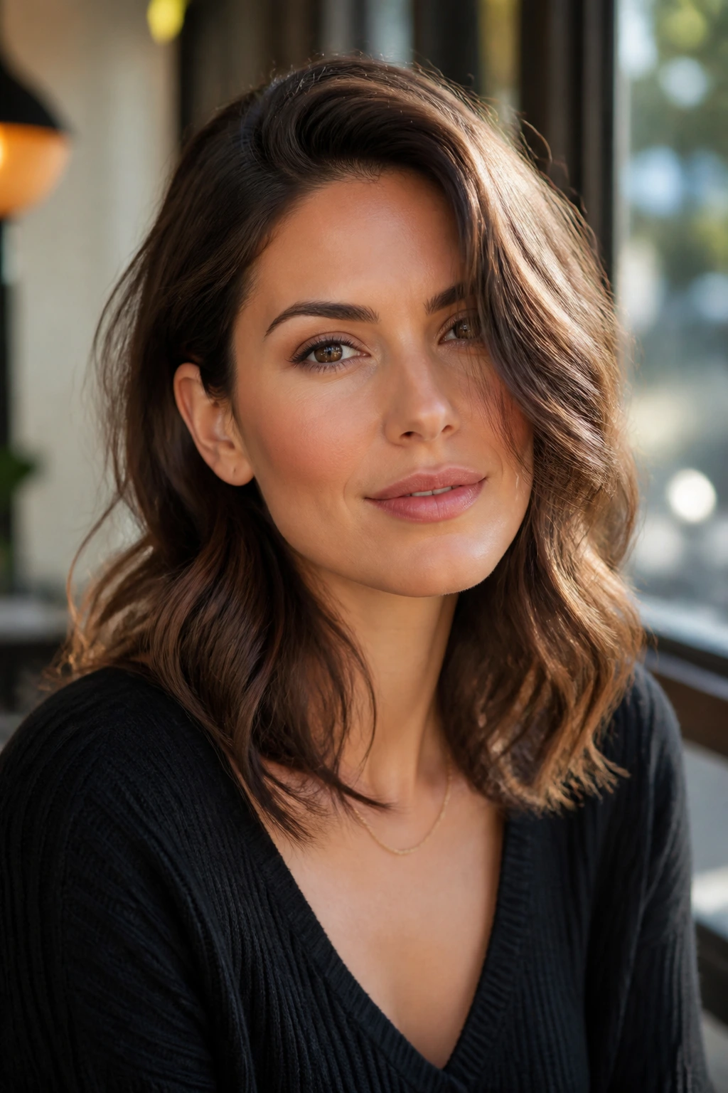 Portrait of a woman with deep side-parted waves softening square features in cafe light.