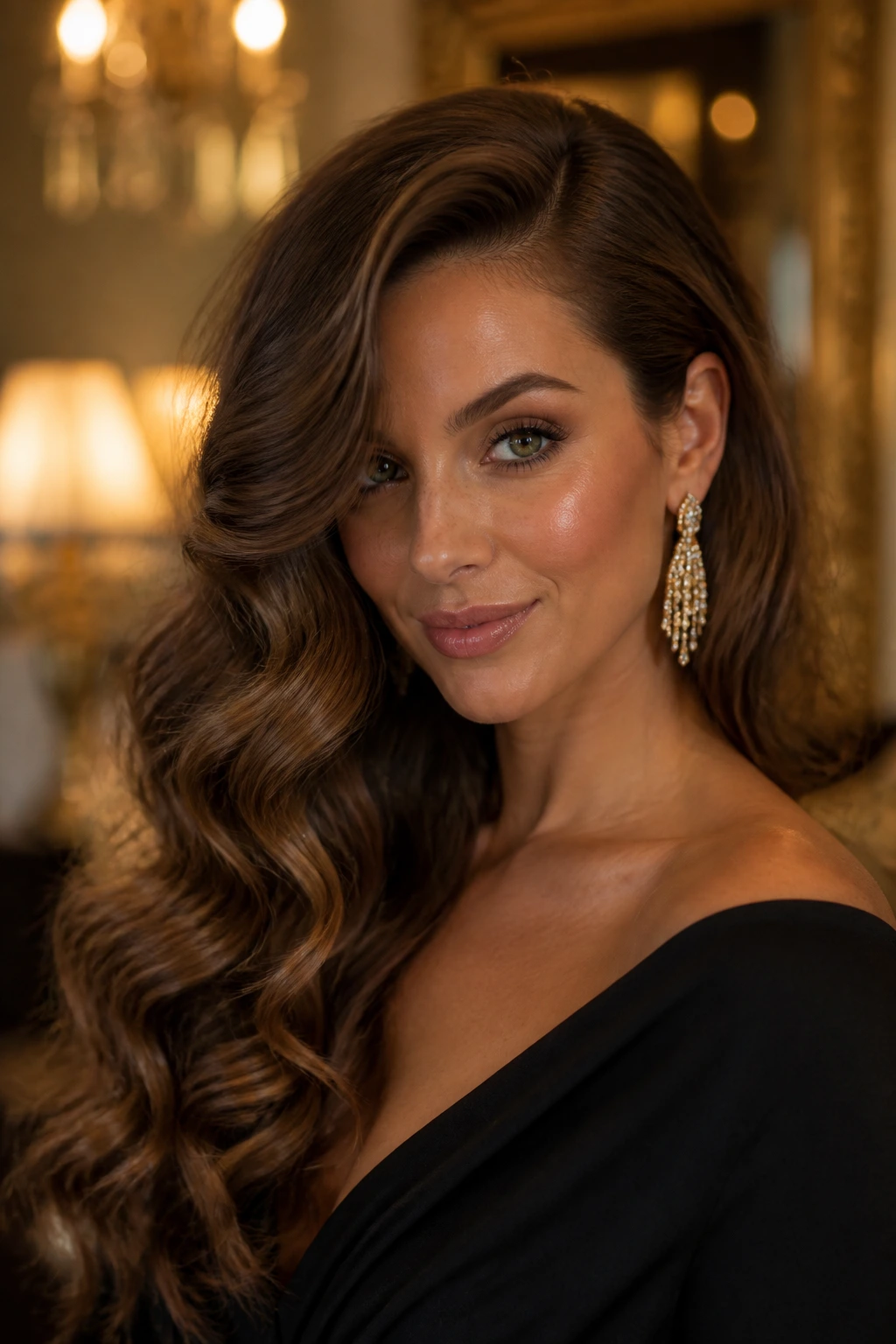 Close-up of deep side part glam waves on a real woman in warm golden-hour light
