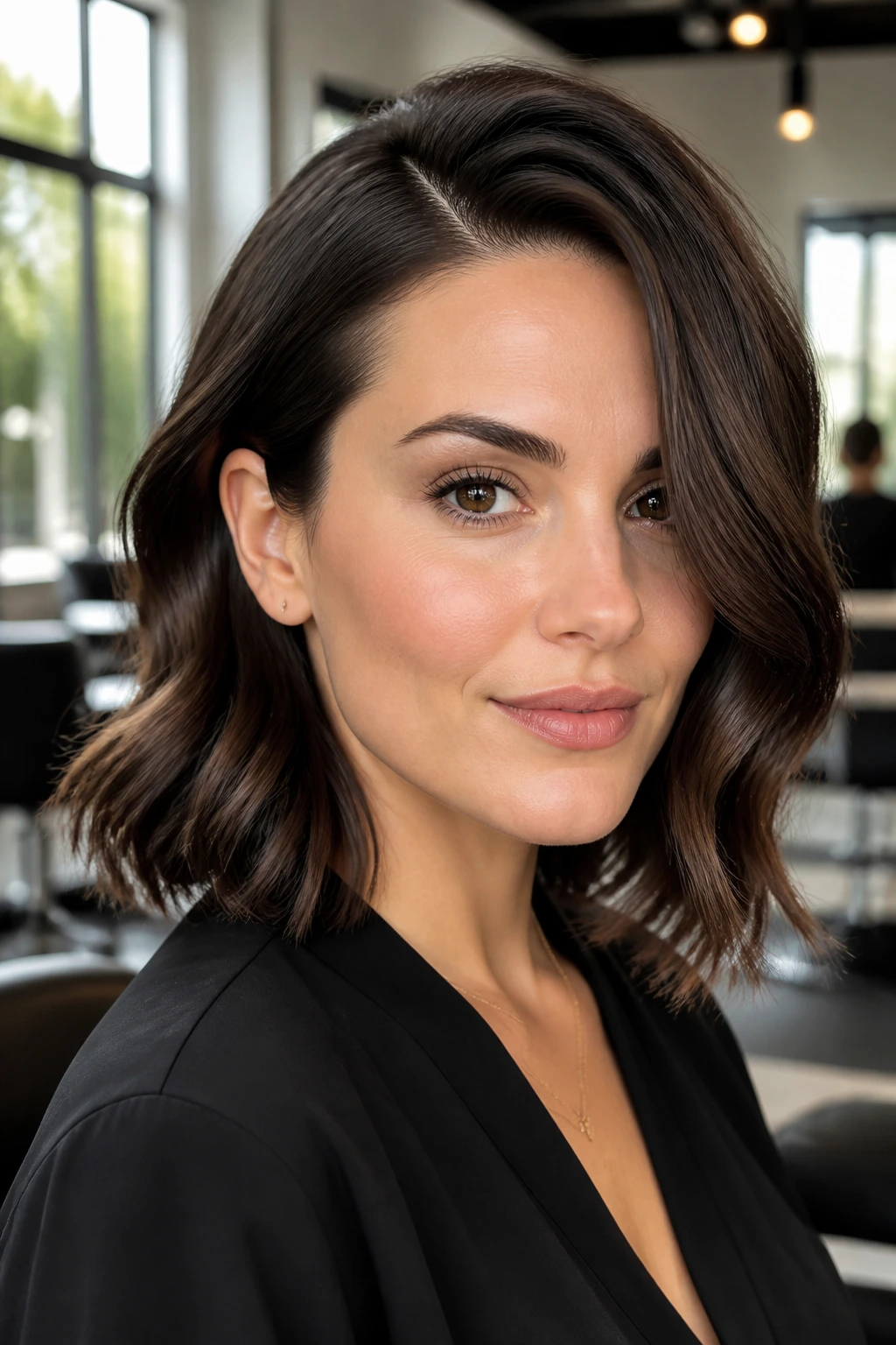 Close-up of a real woman with a deep side part and diagonal waves flattering a square face.