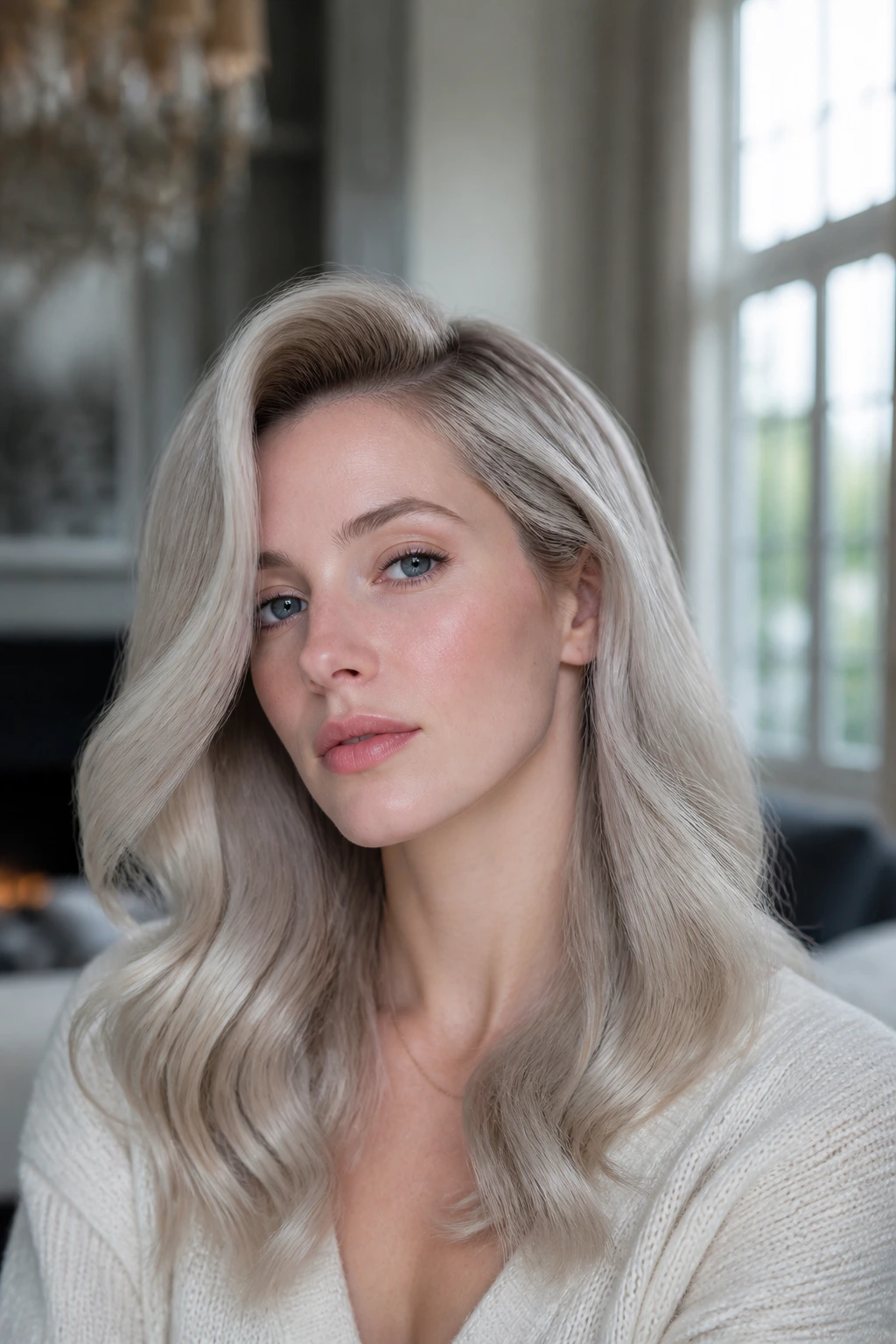 Portrait of a real woman with a deep side part and lifted crown waves in steel blonde hair.