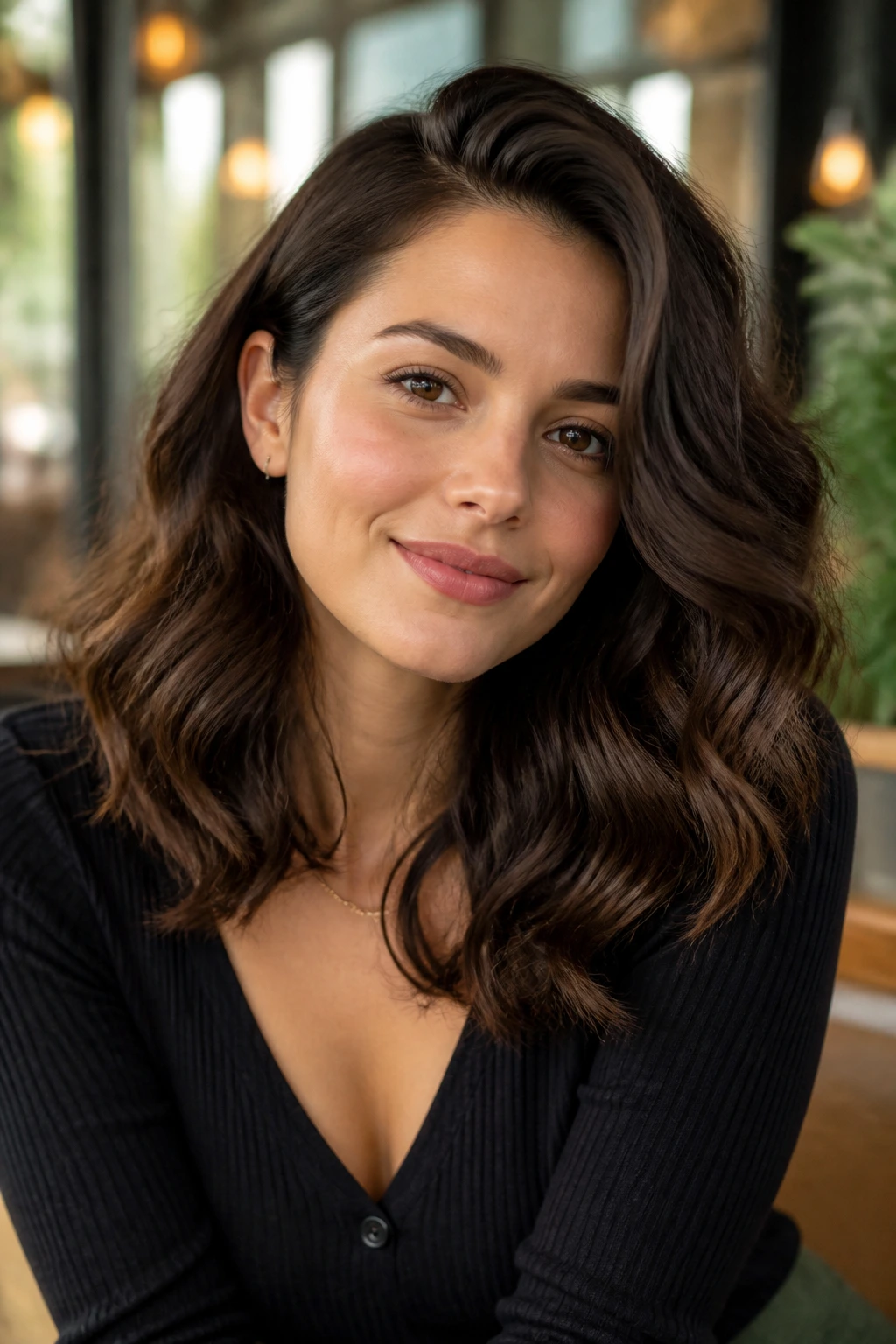 Portrait of person with deep side-part waves on shoulder-length thick hair