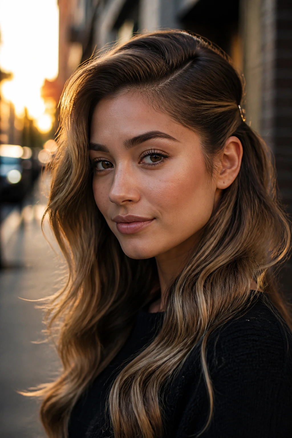 Close-up of a real person with a deep side part and tucked front pieces.