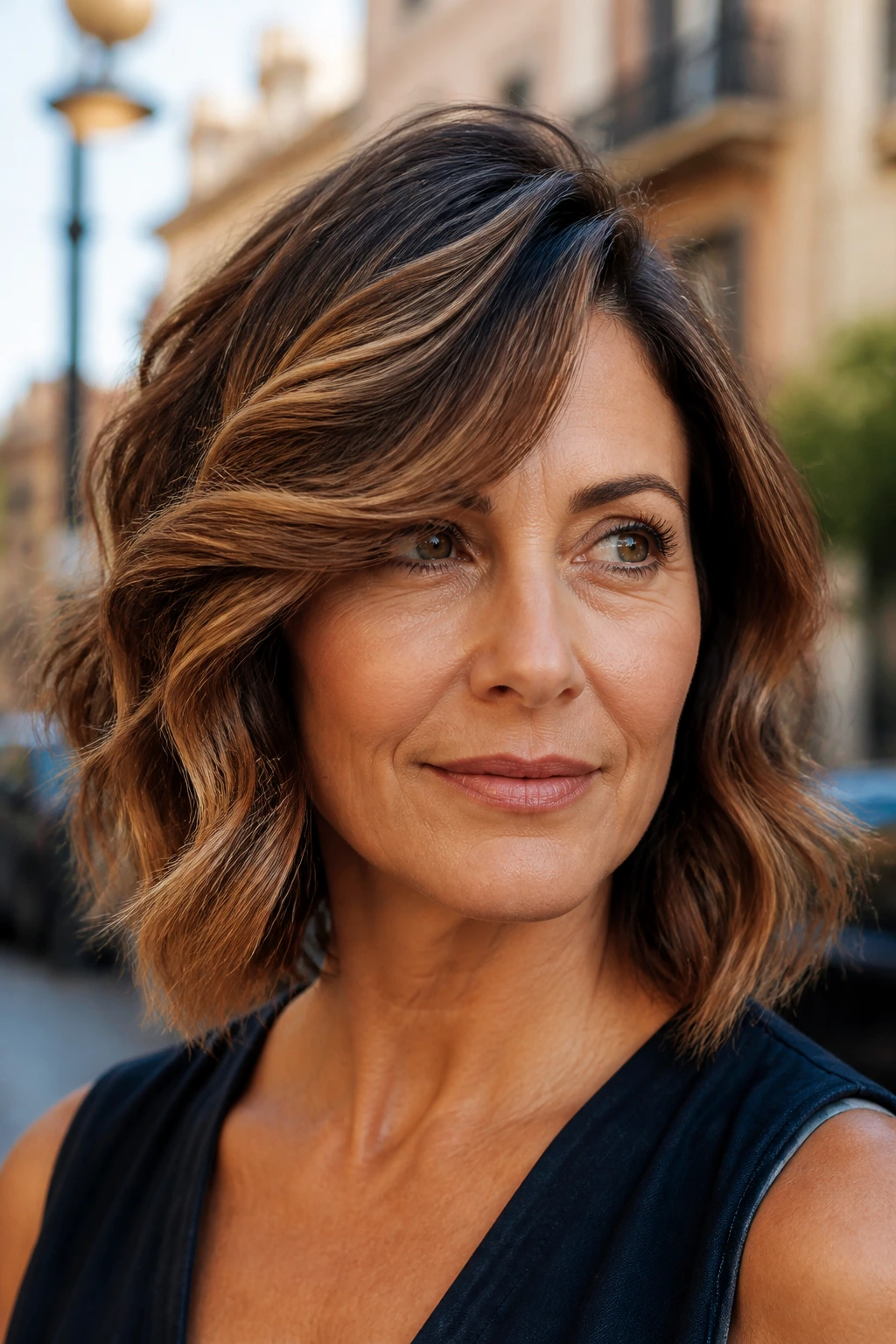 Portrait of a real woman with a deep side-part wavy bob and swept curtain bangs