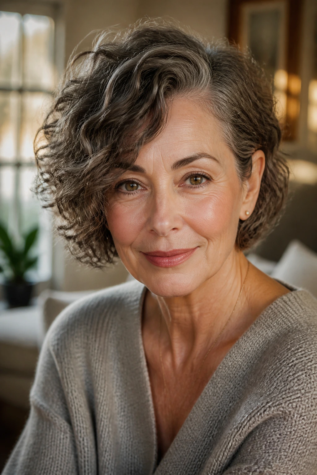 Real woman with deep side-part wavy-curly bob posing in a cozy room