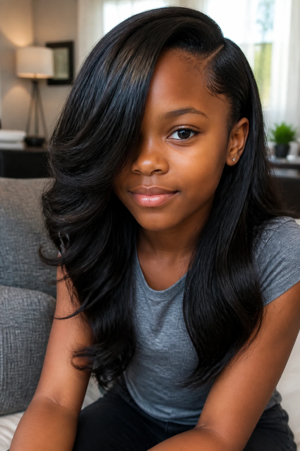 Real child with a deep side part and flip-over weave hairstyle