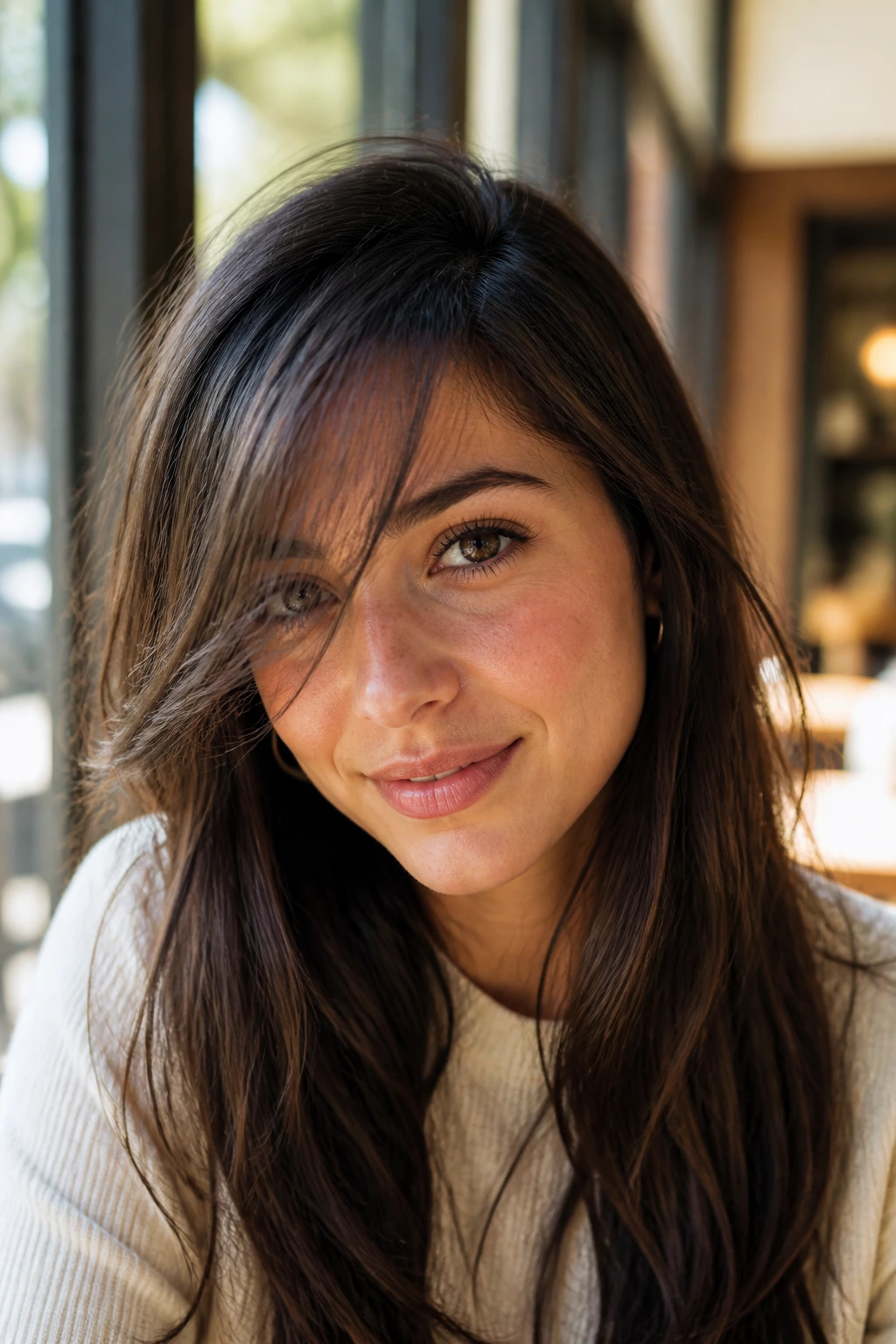 Real woman with deep side-part wispy fringe in sunlit cafe setting