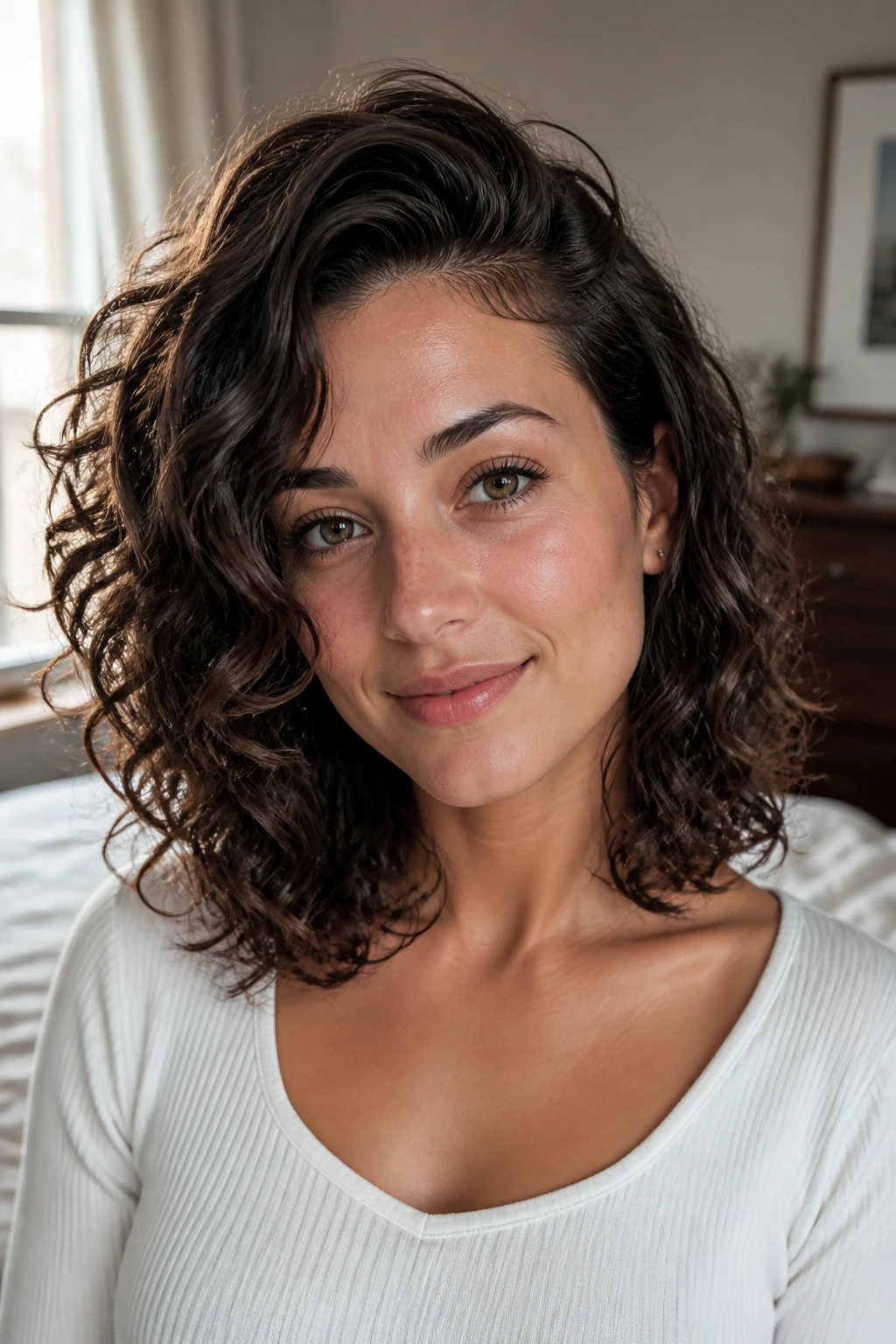 Close-up of a real person with a deep side-parted mid-length curly cut