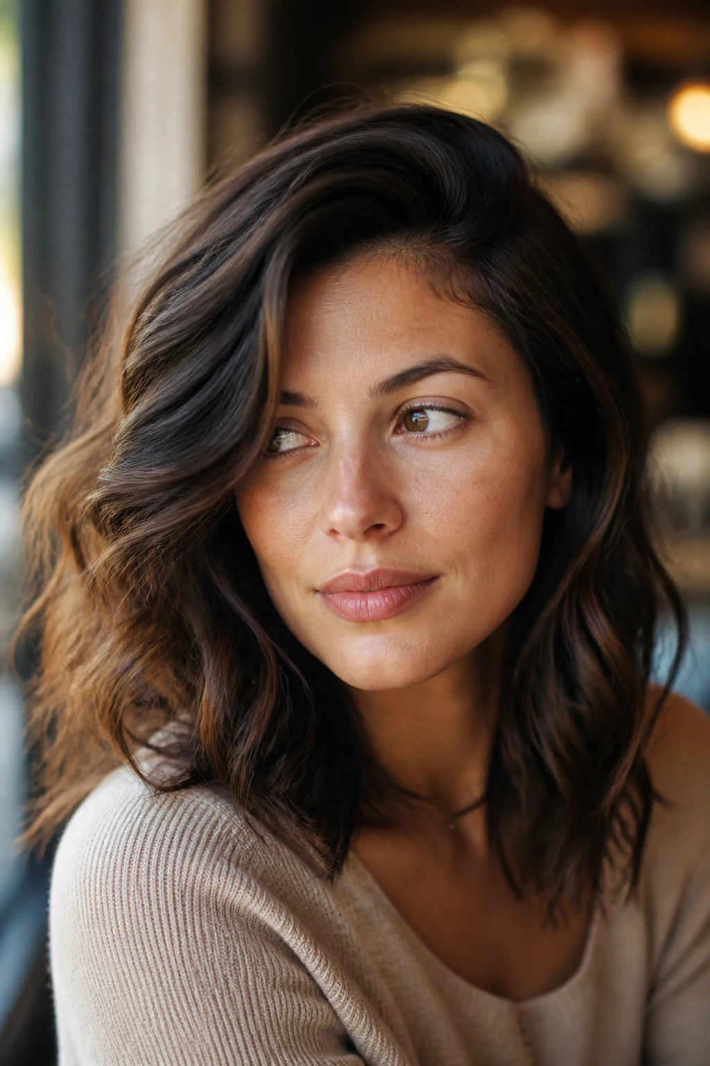 Portrait of a woman with deep side-parted midlength waves