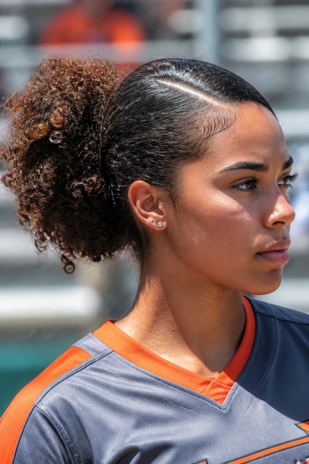 Close-up of a player with a deep-side puff and side-swept curls against a blurred stadium background.