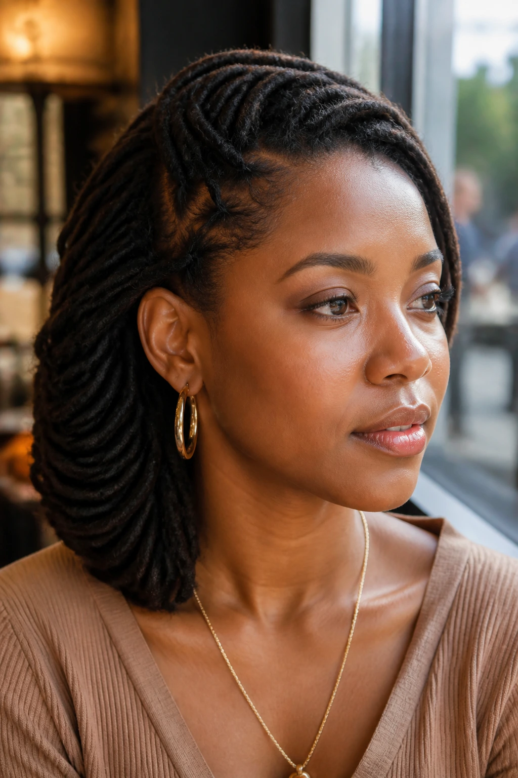 Deep side roll hairstyle with front rolled behind the ear.