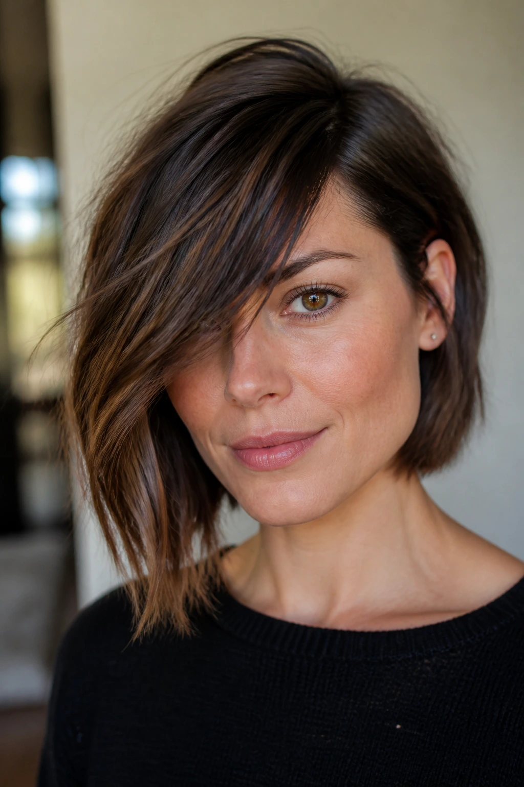 Woman with a deep side-sweep bob and off-center part