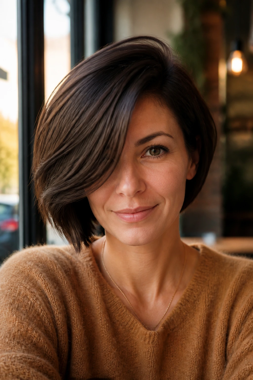 Close-up portrait of a real woman with a dramatic deep side-swept bob in cafe window light