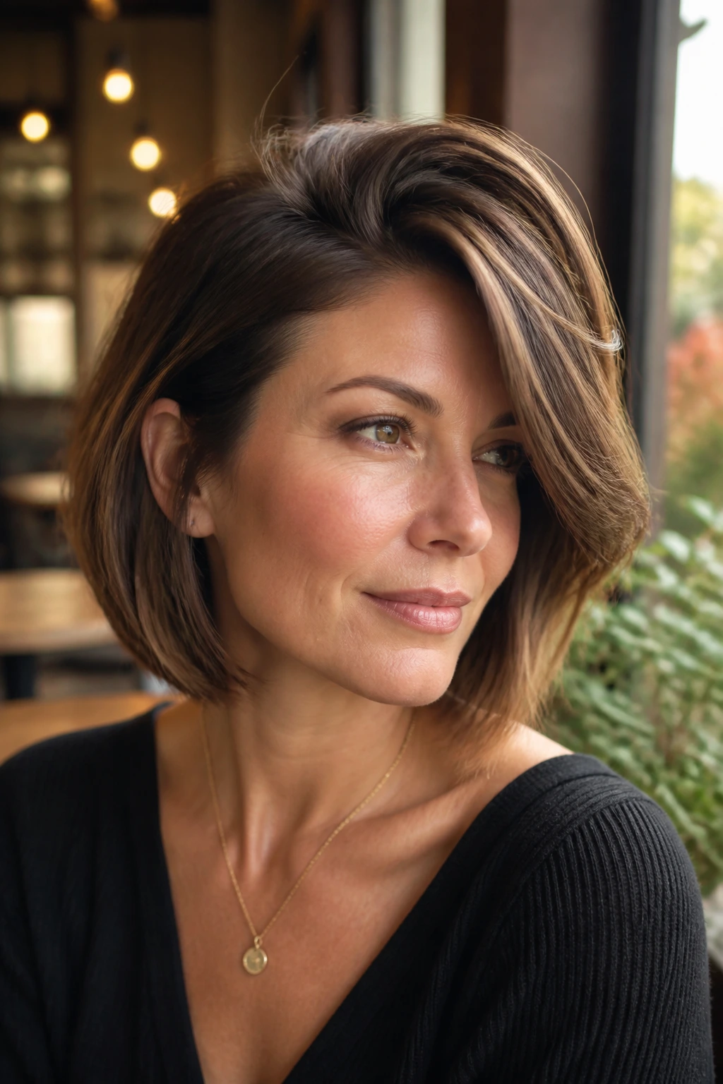 Real woman with deep side-sweep bob and lifted roots