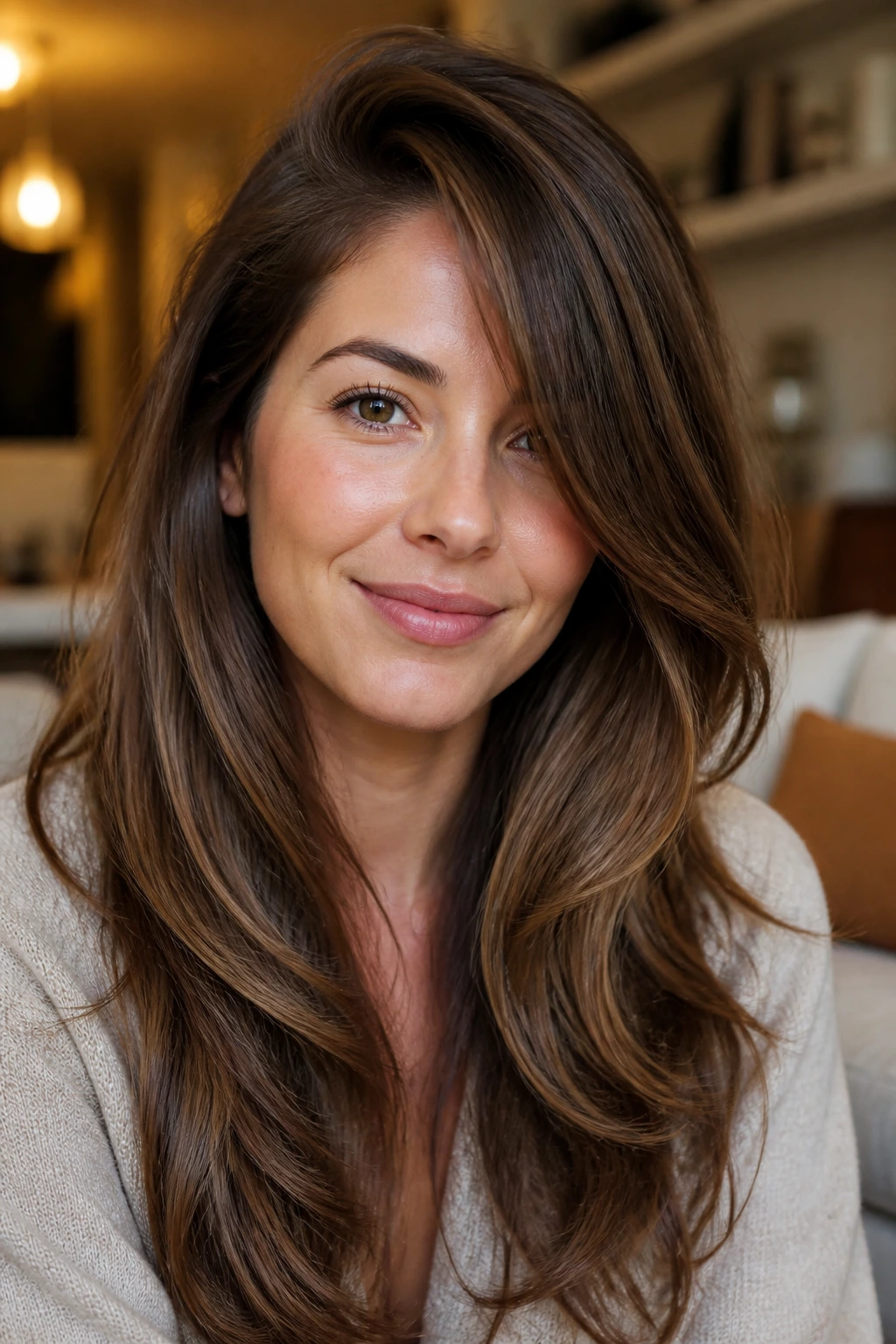 Close-up of a real woman with a deep side sweep and brow-opening fringe