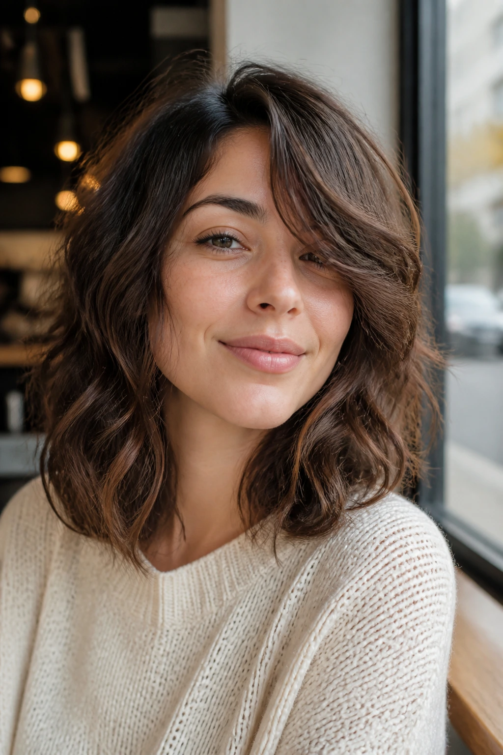 Close-up portrait of a real woman with deep side-sweep lob and curtain layers in cafe window light.