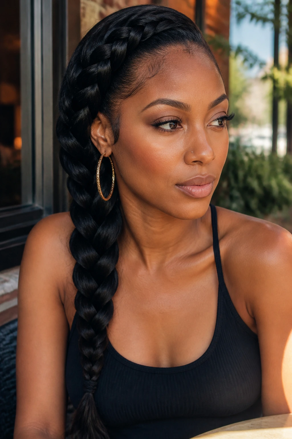 Real woman with deep side-sweep French braid draped over one shoulder in outdoor setting.