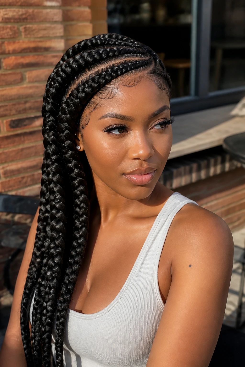 Woman with Deep Side-Sweep Jumbo Feed-Ins hairstyle outdoors