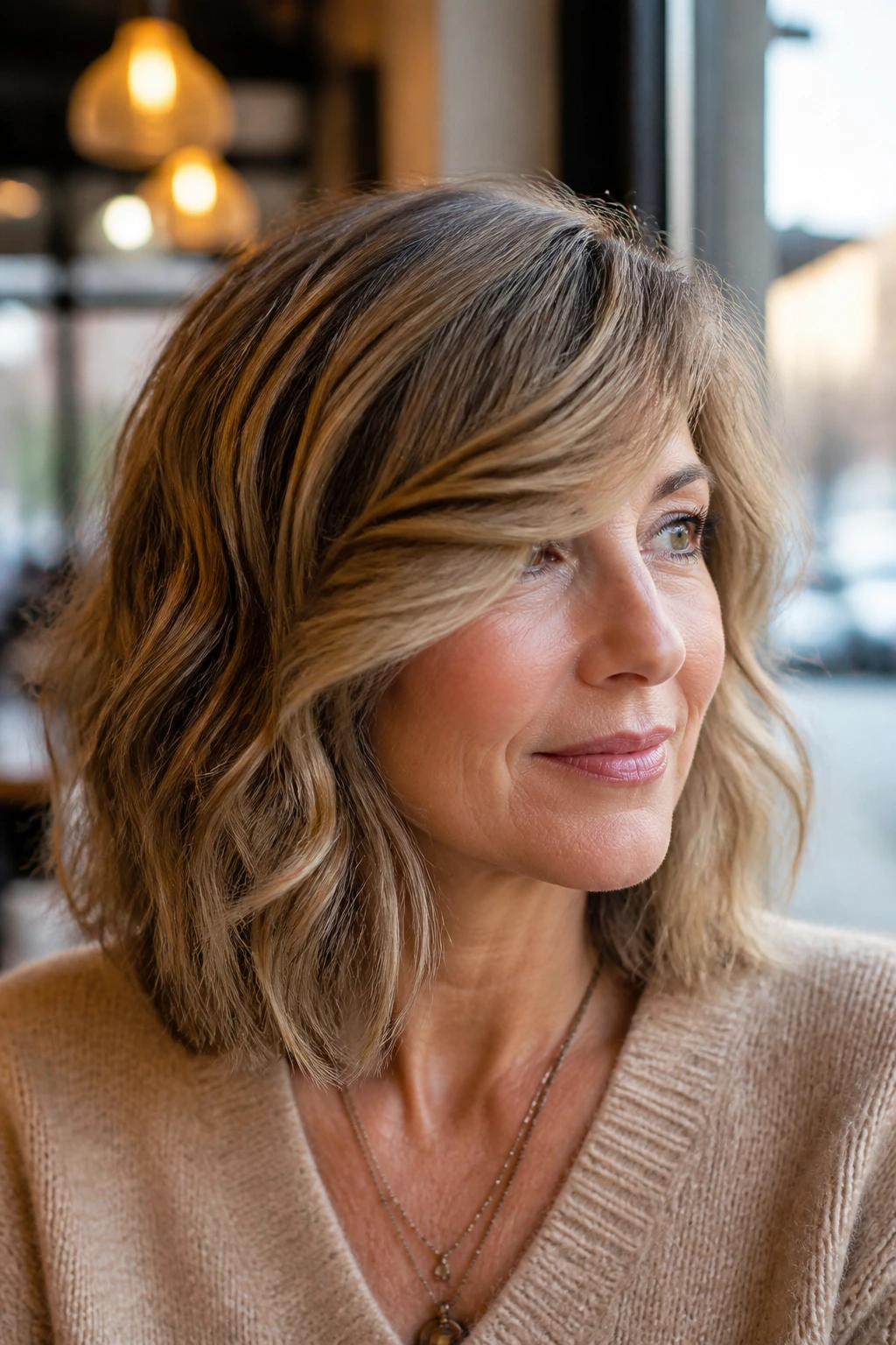 Close-up of a real woman with deep side-sweep lob across the forehead