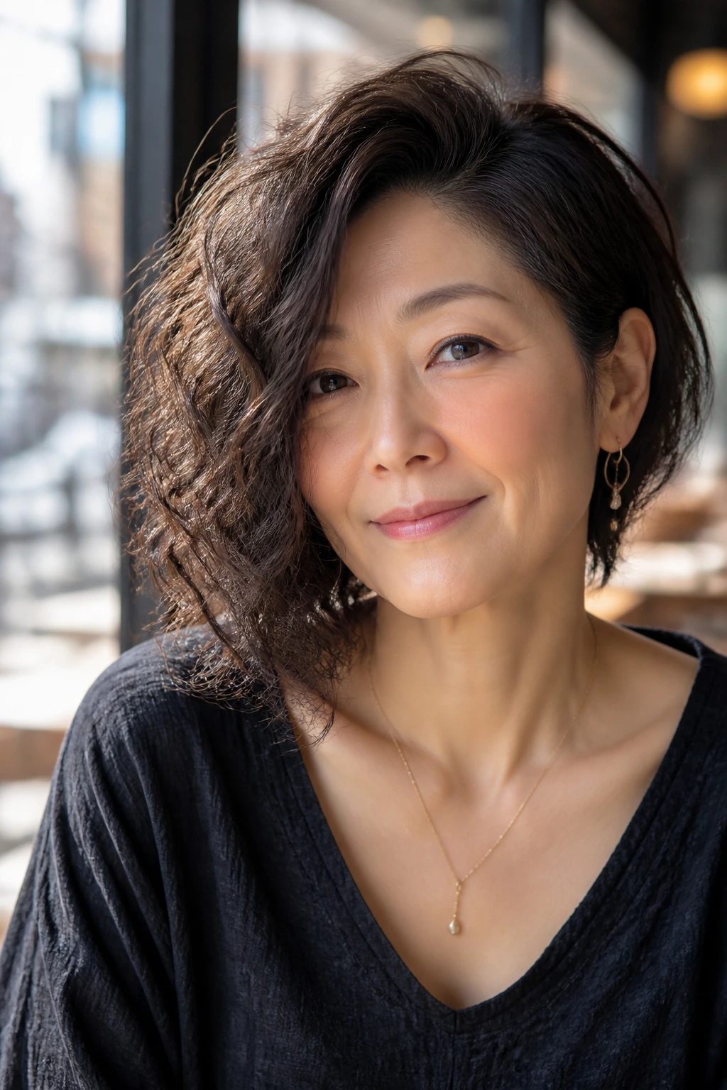 Woman with deep side-sweep lob and asymmetry in a cafe setting.