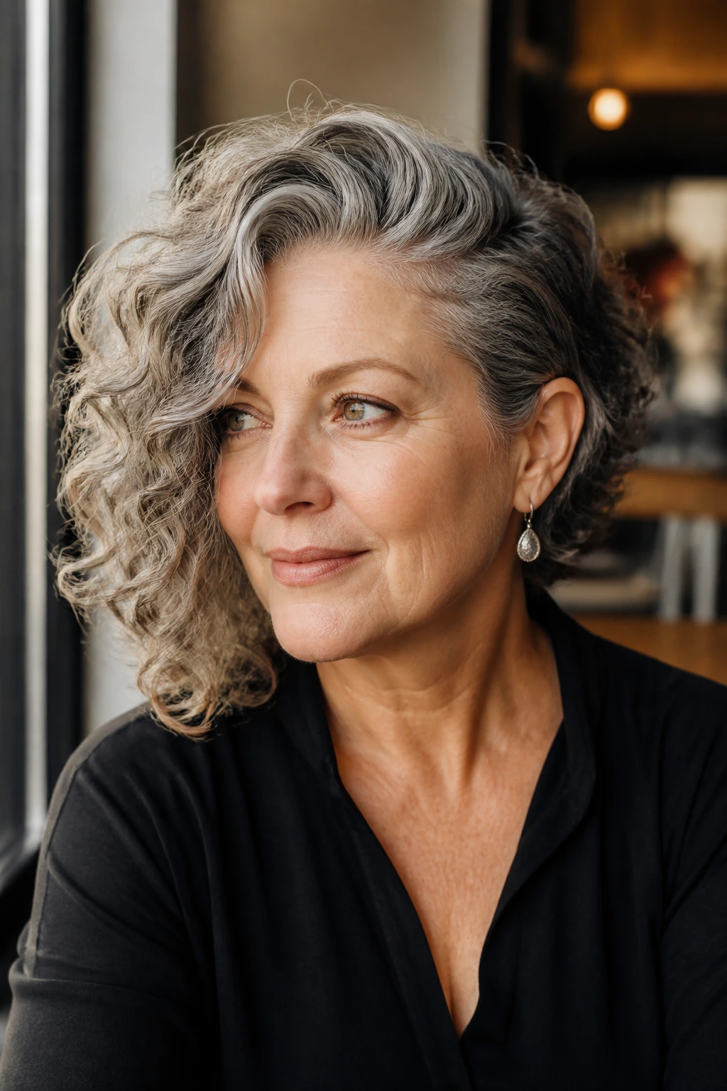 Portrait of a real woman with a deep side-sweep lob and curled movement