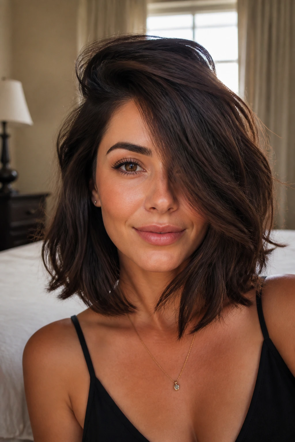 Close-up of a real woman with a deep side-swept lob and warm window light