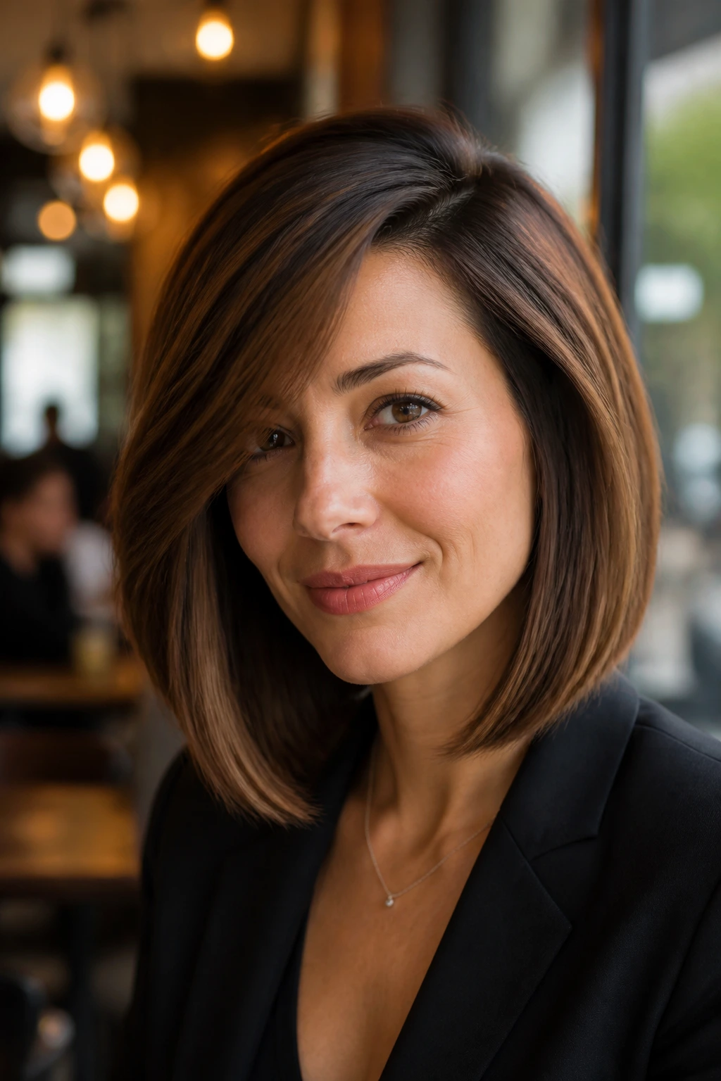 Close-up portrait of a real woman with a deep side-sweep lob and polished volume.