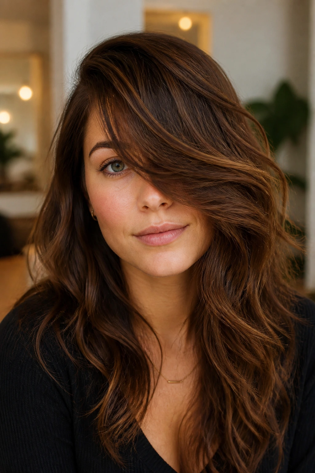 Portrait of a person with a deep side-swept fringe exposing one eye