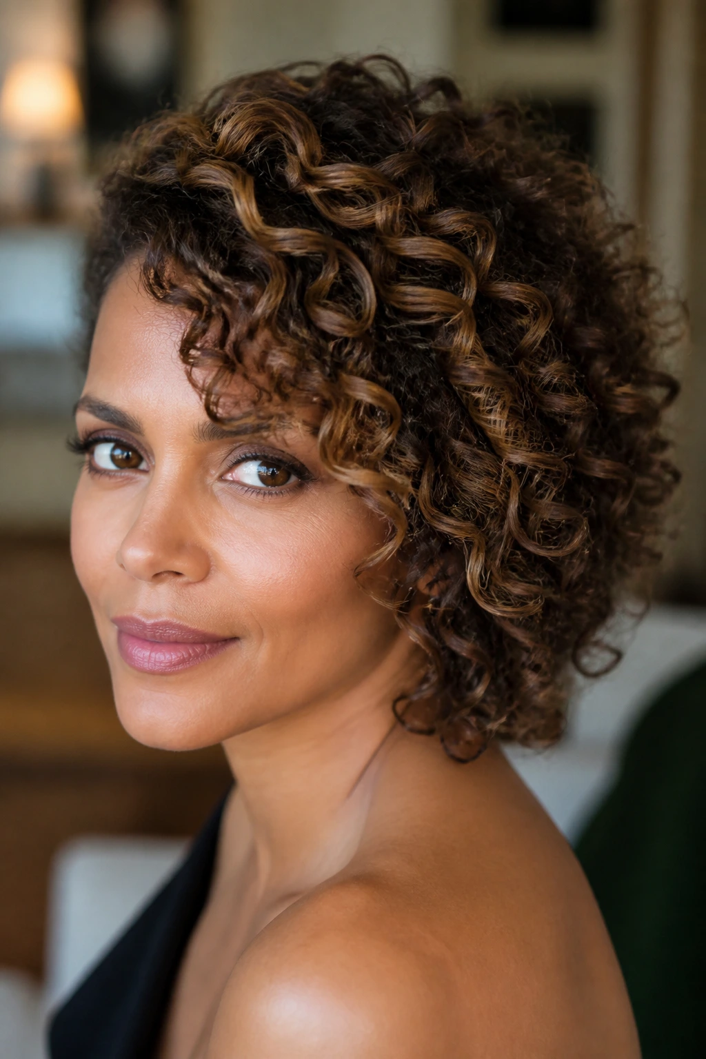 Portrait of a real woman with a deep side-swept hairstyle and defined ringlets.