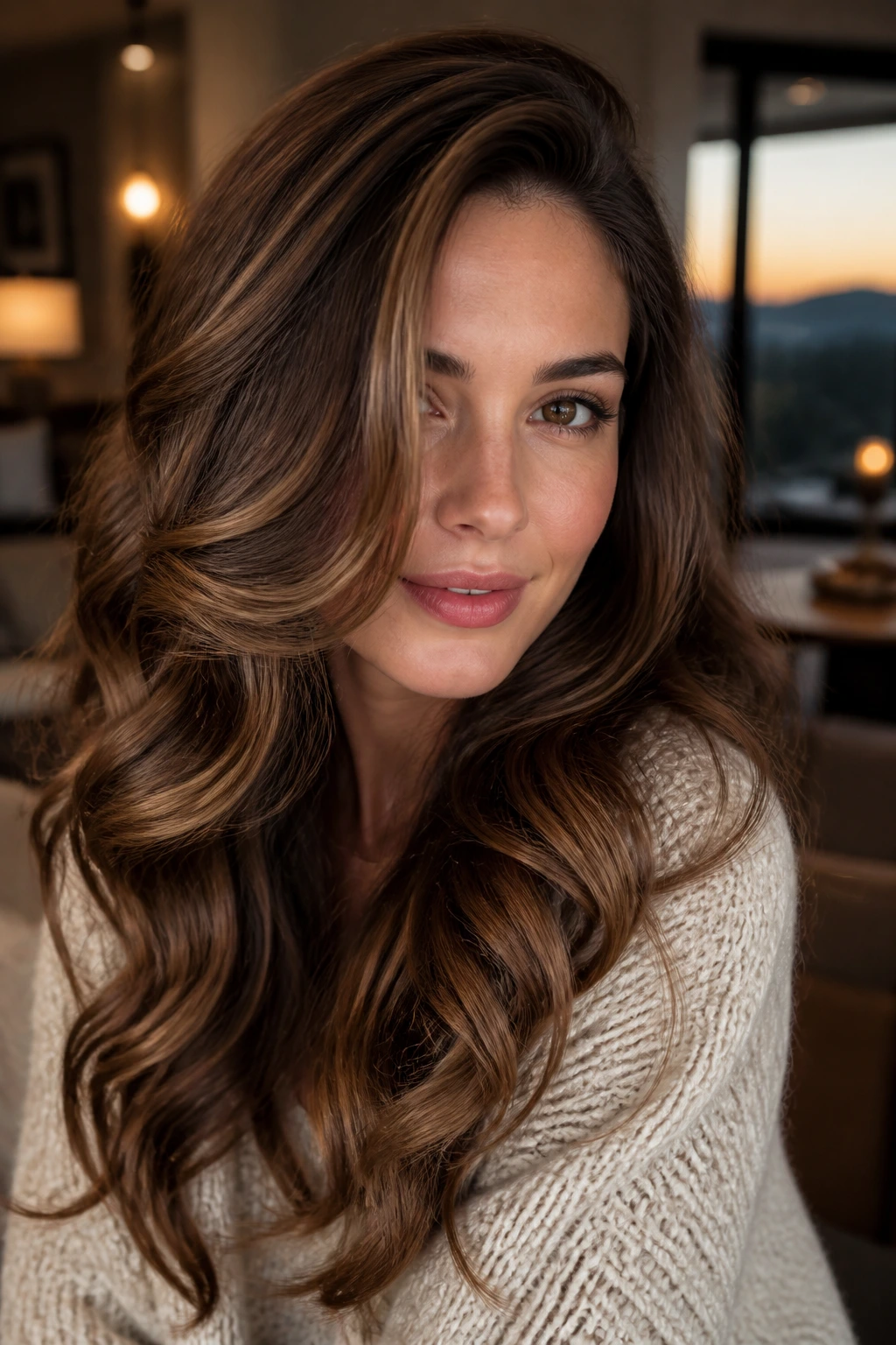 Close-up of a real woman with a deep side part and S-curled waves sweeping across her face in warm living room light.