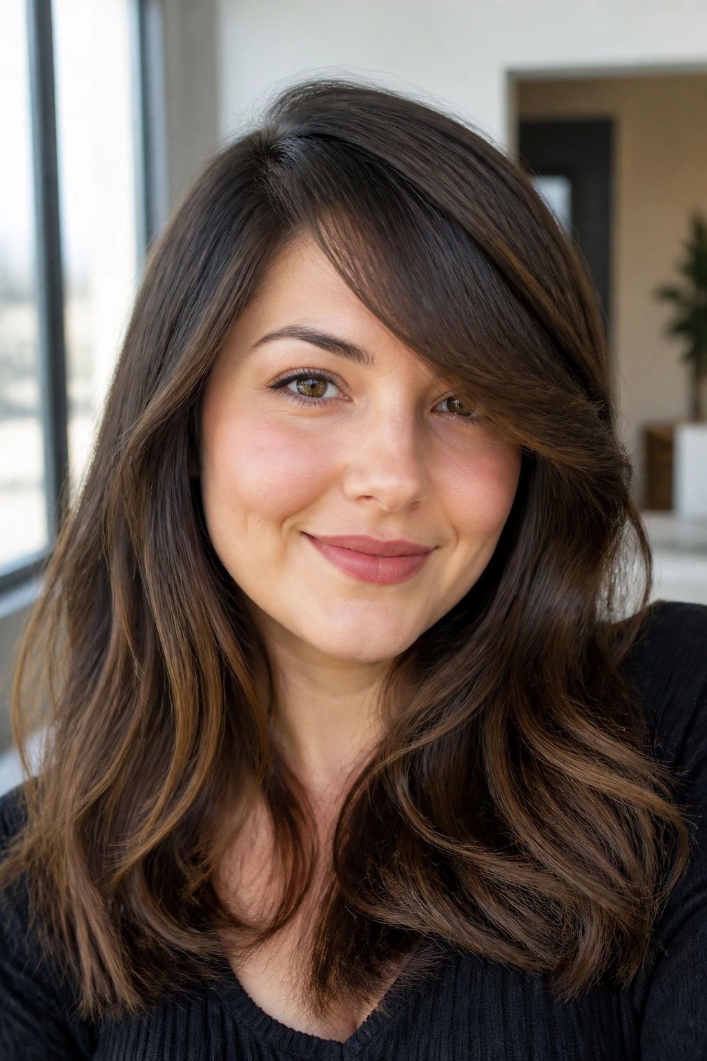 Real woman with deep side-swept bangs showing diagonal forehead sweep